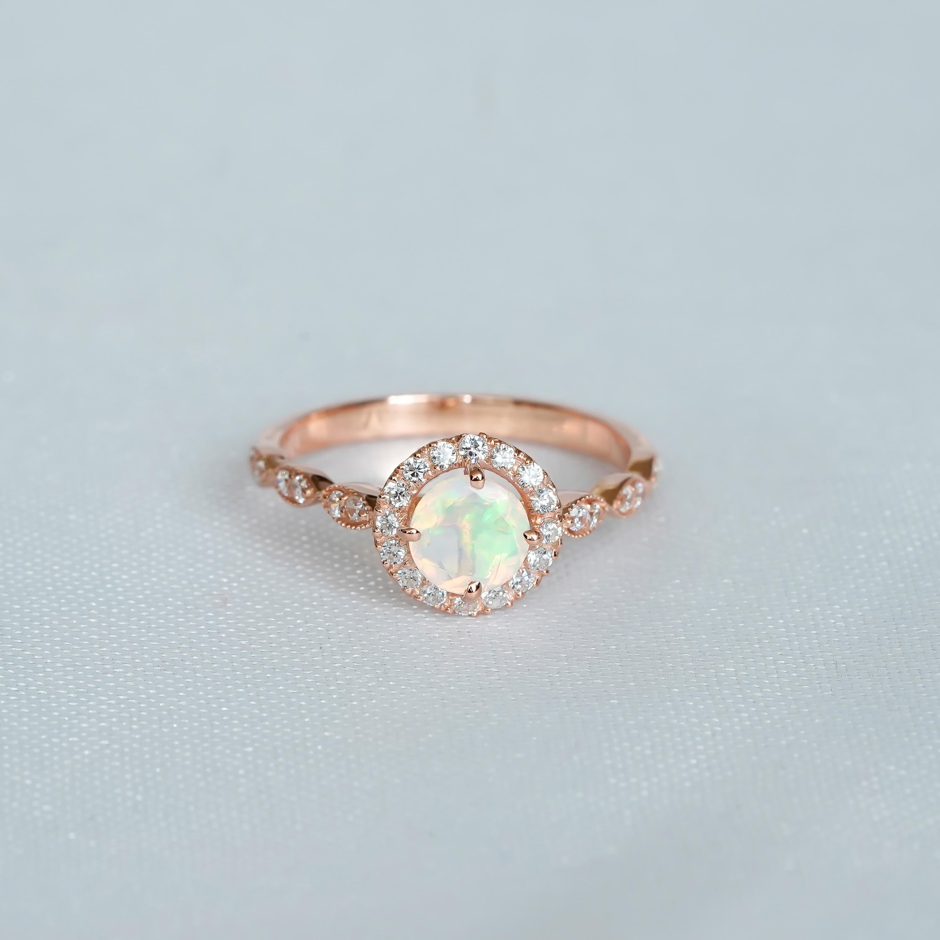 Opal Halo Engagement Ring 925 Sterling Silver Round Fire Opal Wedding Ring For Women Proposal Minimalist Pave Set Round Halo Milgrain Ring