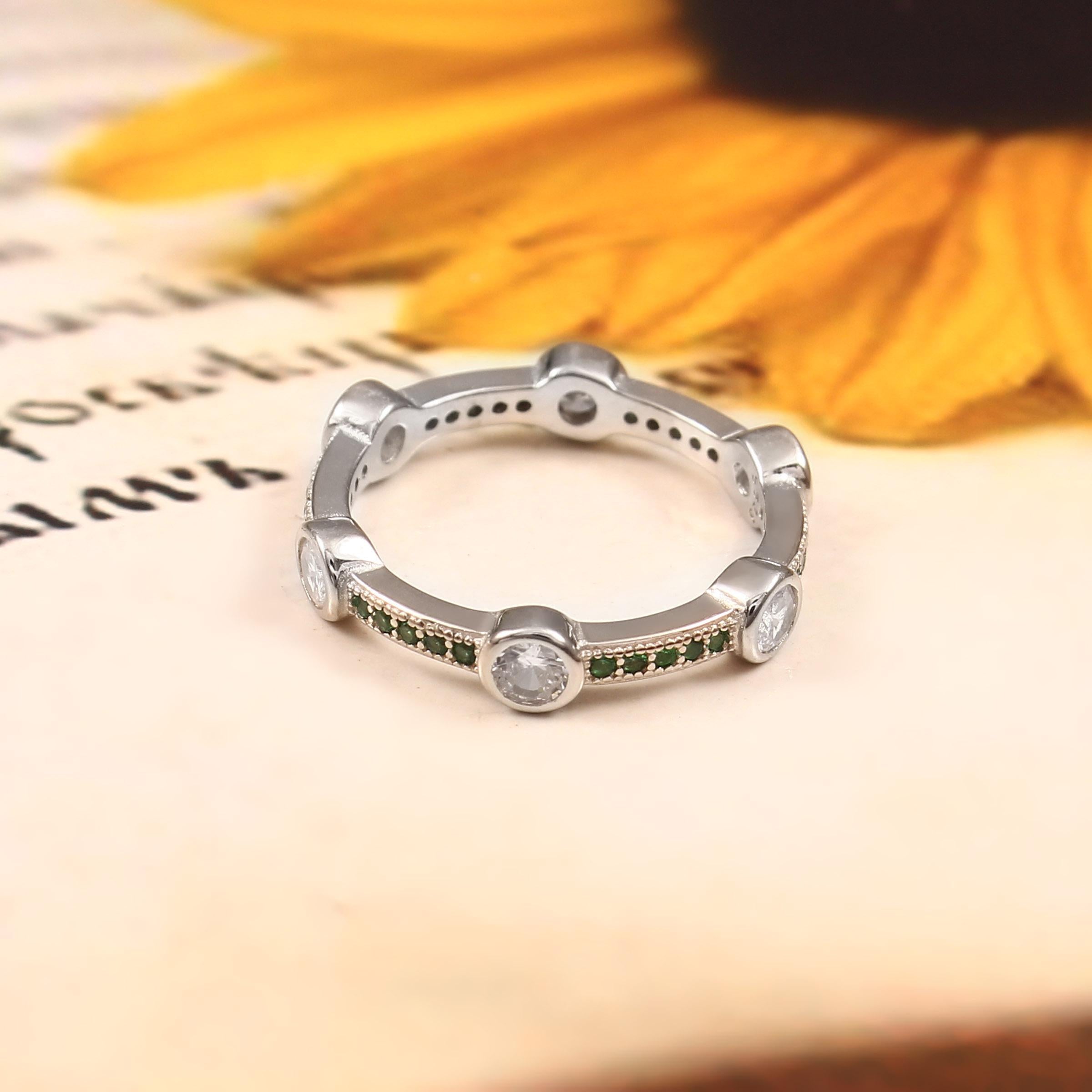 Moissanite Wedding Band With Emerald Bezel Set Art Deco Eternity Band Bubble Stacking Dainty Silver Anniversary Gift Promise Ring For Her