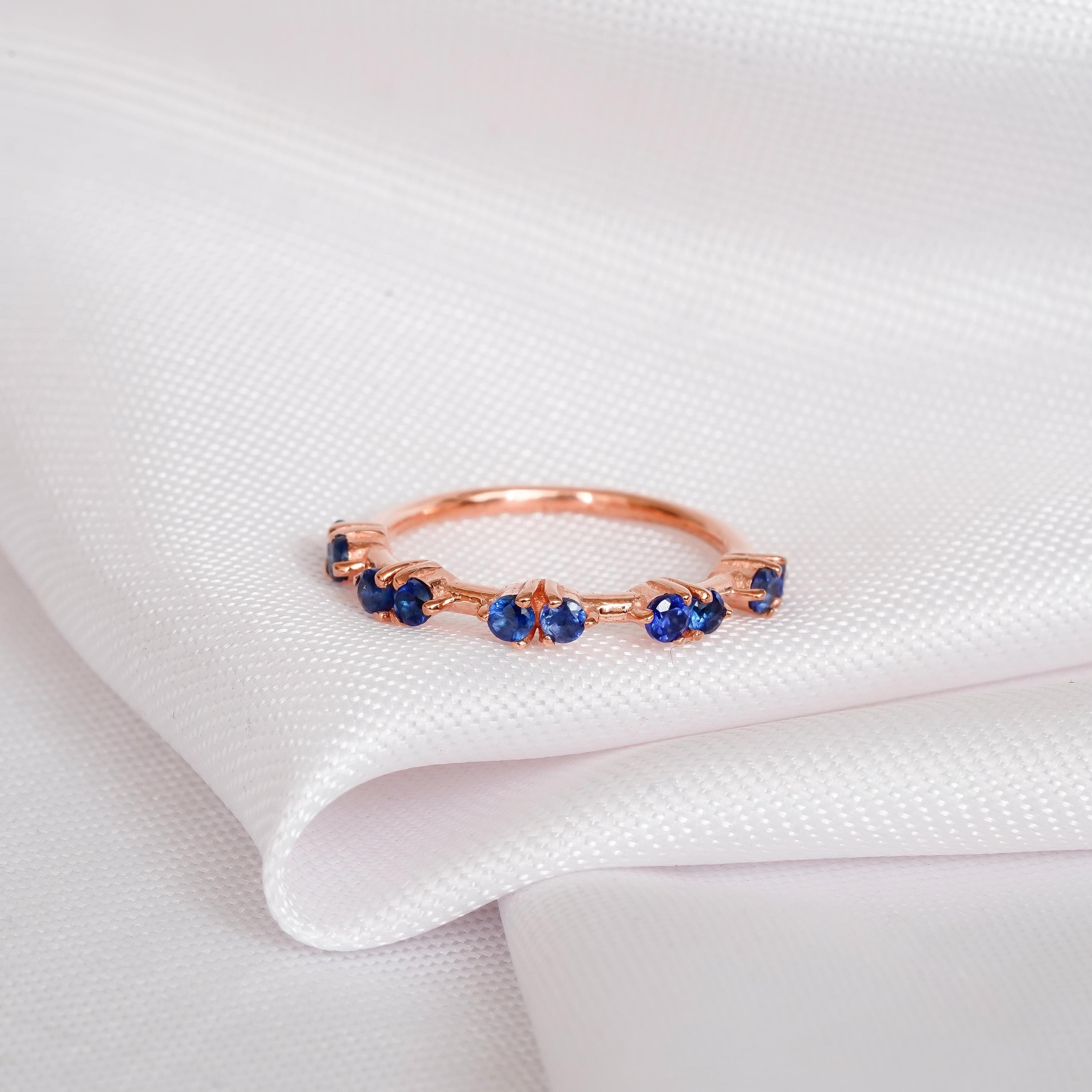 Blue Sapphire Dainty Band 925 Sterling Silver For Women Round Channel Stackable Bridal Matching Half Eternity Anniversary Gift Dainty Ring