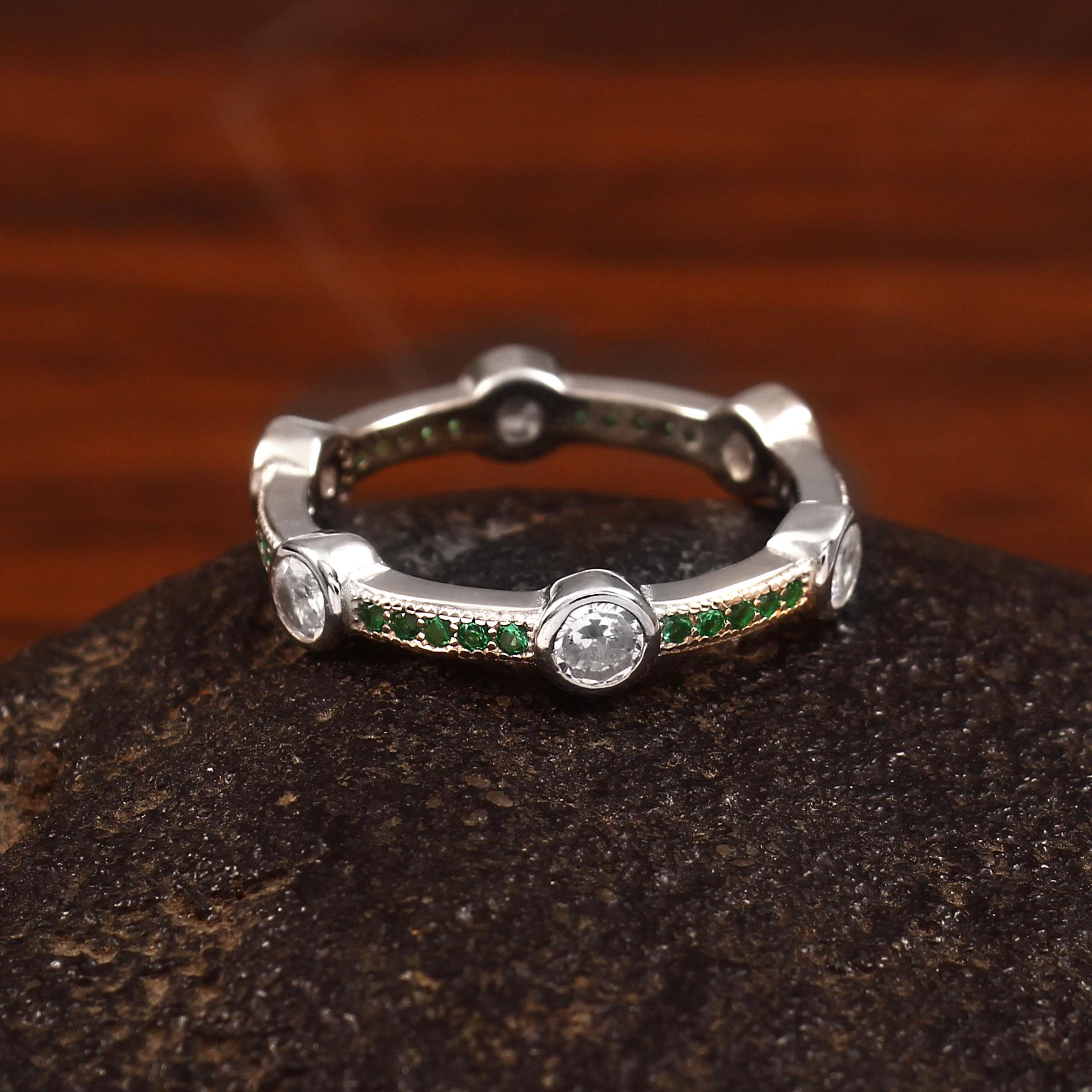 Moissanite Wedding Band With Emerald Bezel Set Art Deco Eternity Band Bubble Stacking Dainty Silver Anniversary Gift Promise Ring For Her