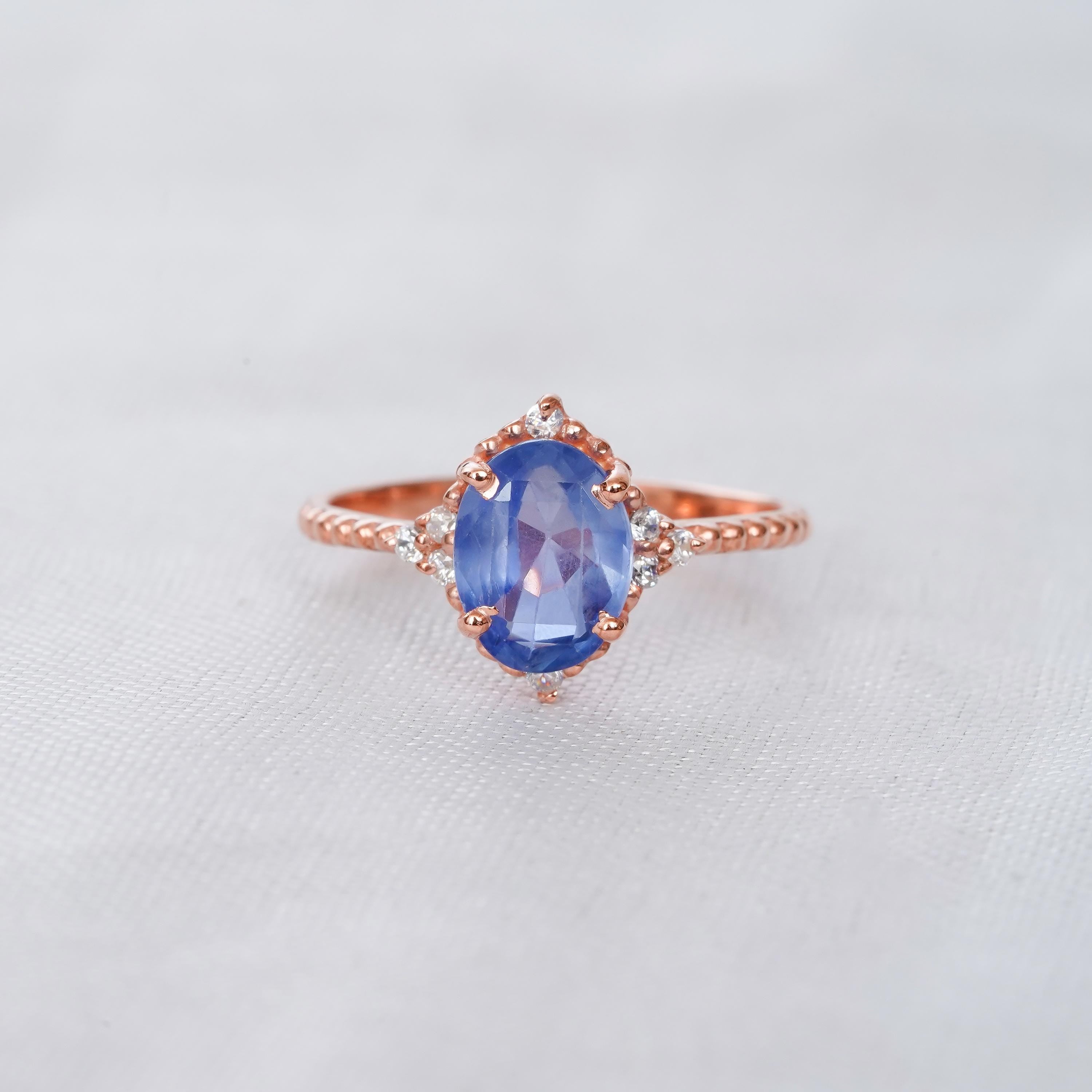 2ct Blue Sapphire Engagement Ring Set For Women With Matching Moissanite Art Deco Wedding Band Beaded Band Floral Halo Bridal Proposal Ring