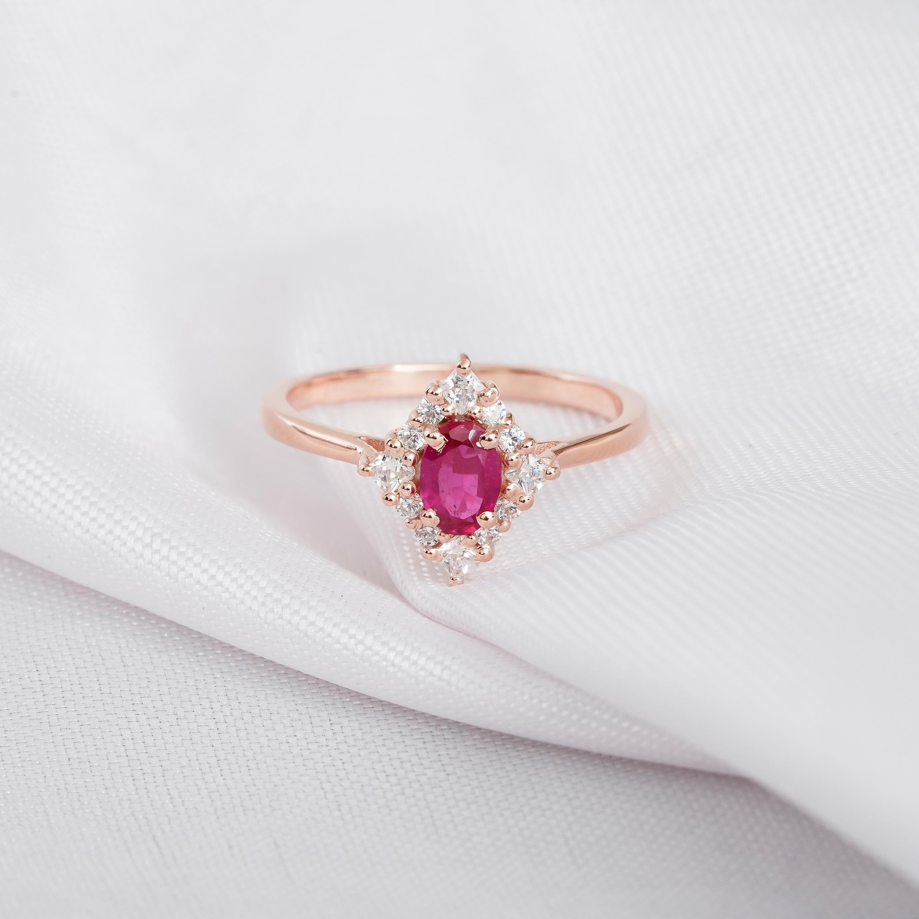 Ruby Engagement Ring For Women 925 Sterling Silver Oval Pink Ruby Wedding Ring Proposal Halo Marquise Prong Set Plain Band Handmade Ring