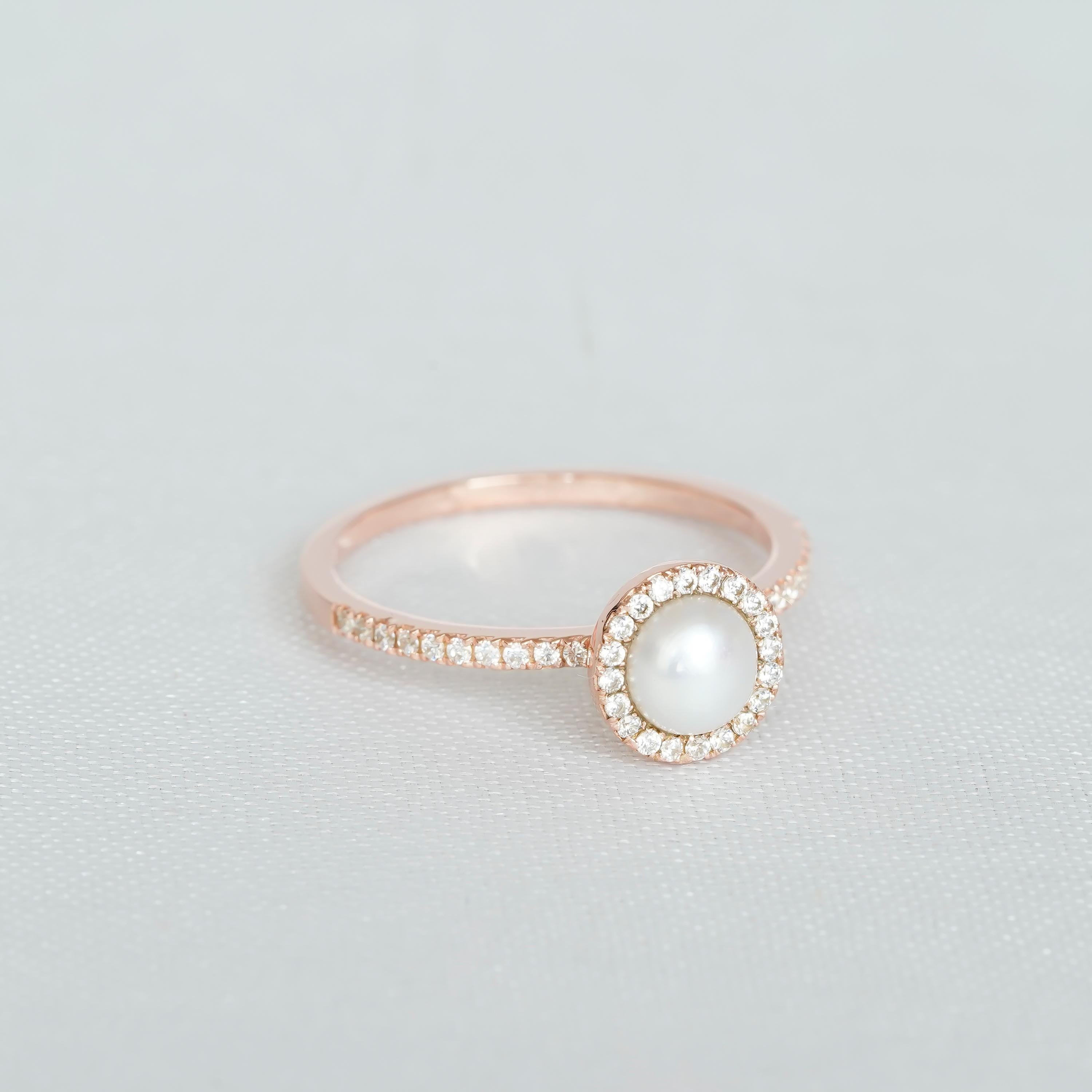 Pearl Halo Engagement Ring 925 Sterling Silver Round Freshwater Pearl Wedding Ring For Women Proposal Minimalist Pave Set White Pearl Ring