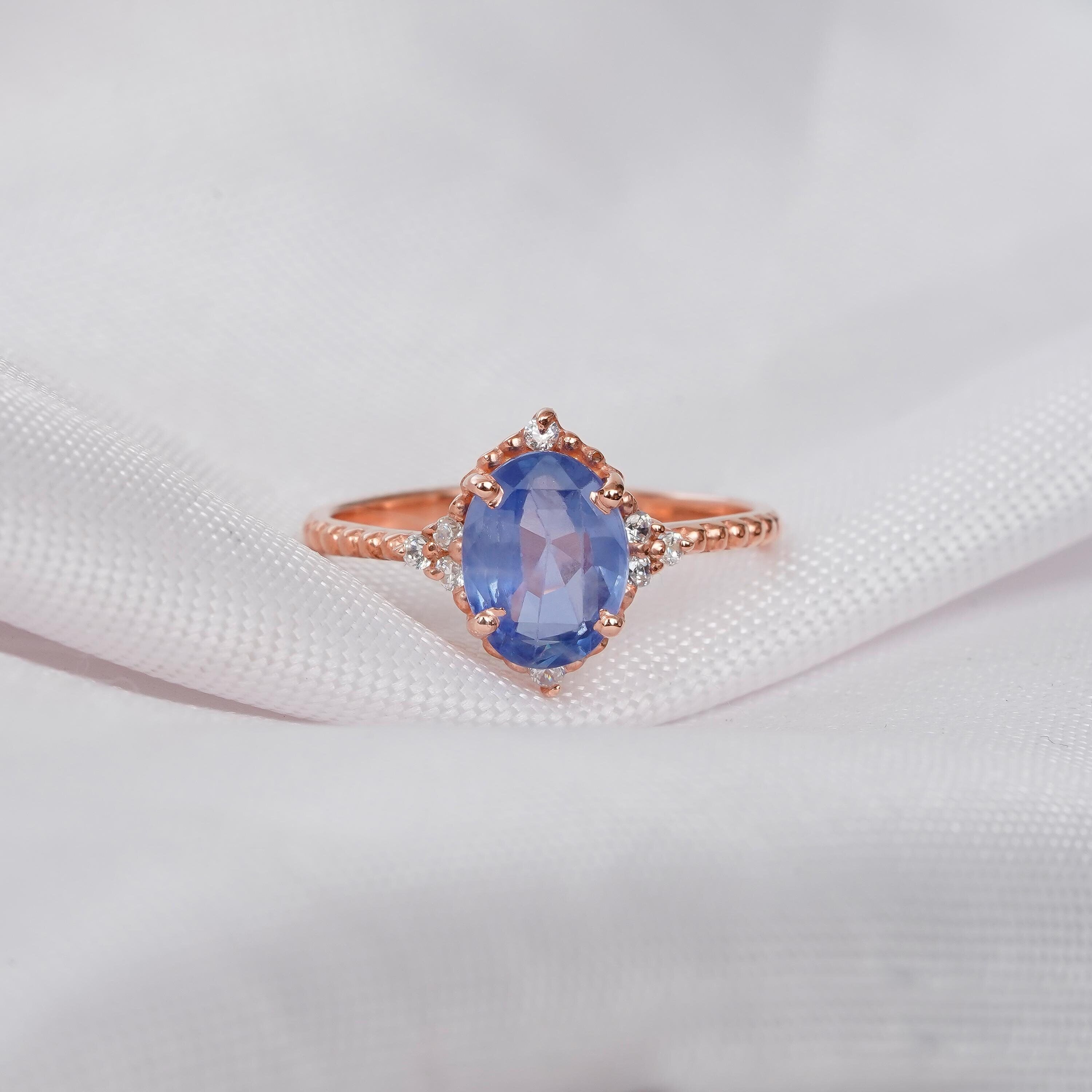 Oval Blue Sapphire Ring 925 Sterling Silver Blue Wedding Engagement Ring For Women Proposal Flower Oval Halo Vintage Classic Solitaire Ring