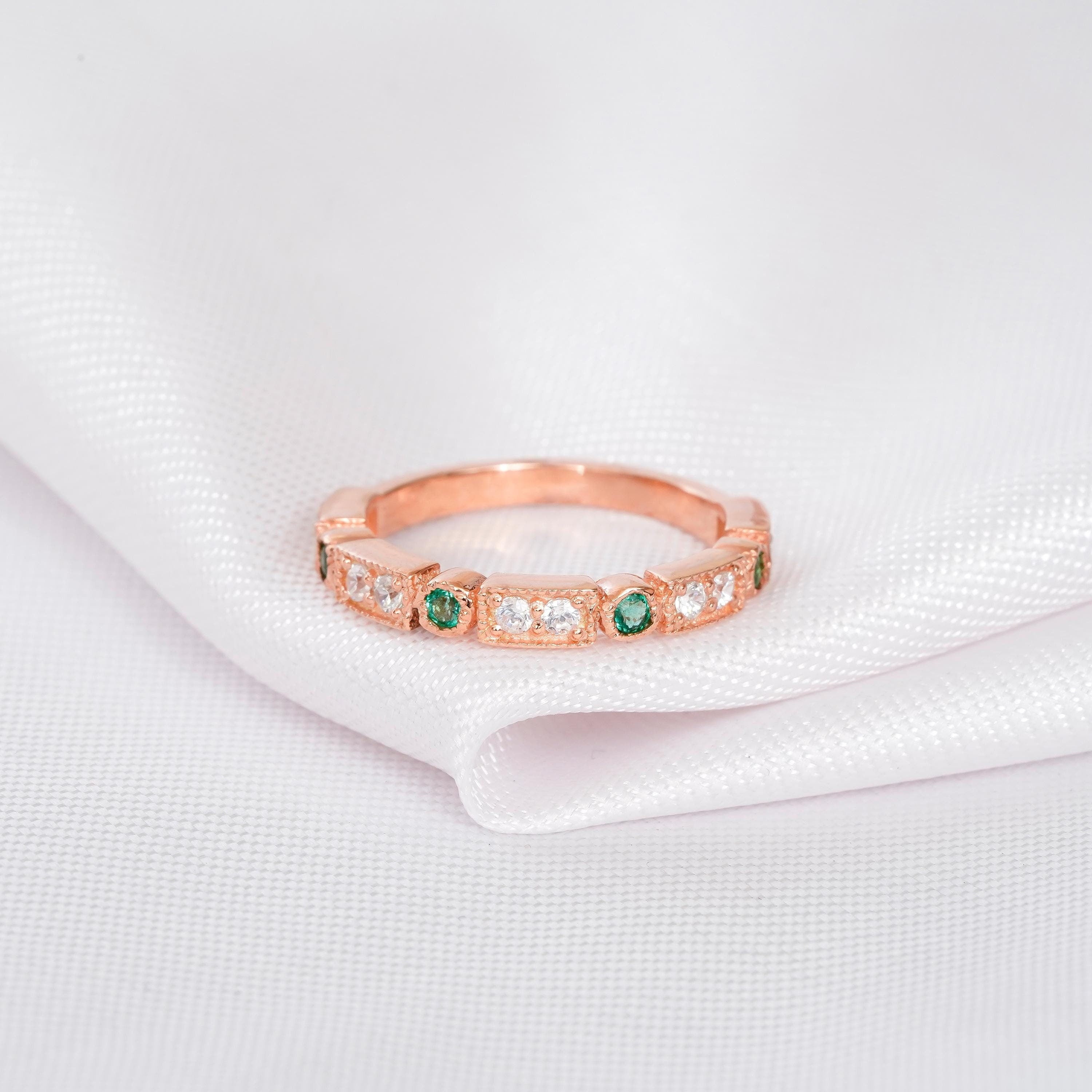 Emerald Band For Women 925 Sterling Silver With Moissanites Wedding Green Stackable Half Eternity Matching Anniversary Gift Dainty Ring Band