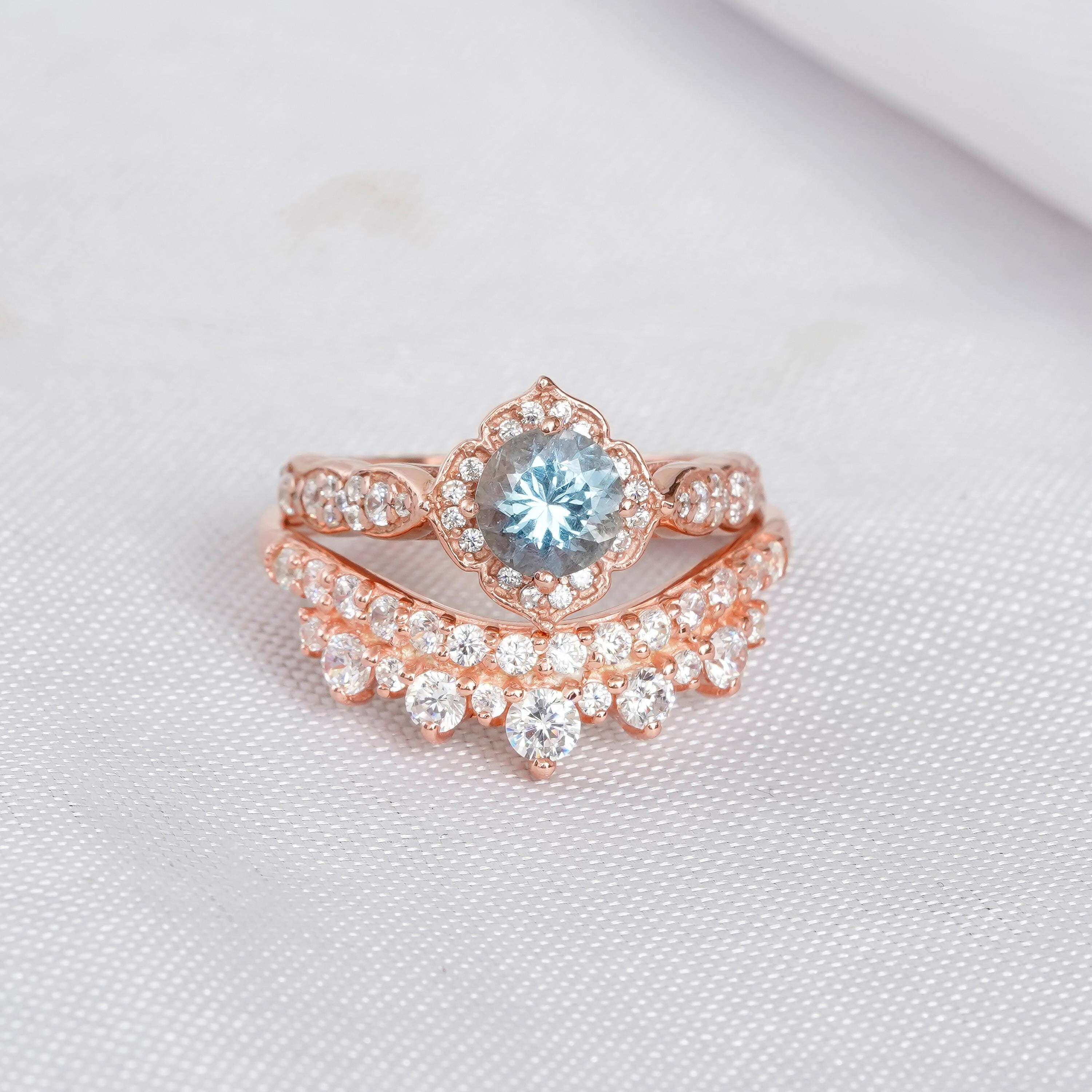 Aquamarine Engagement Ring Set For Women Matching Moissanite Crown Shape Wedding Band Floral Halo Vintage Art Deco 1.5c Bridal Proposal Ring