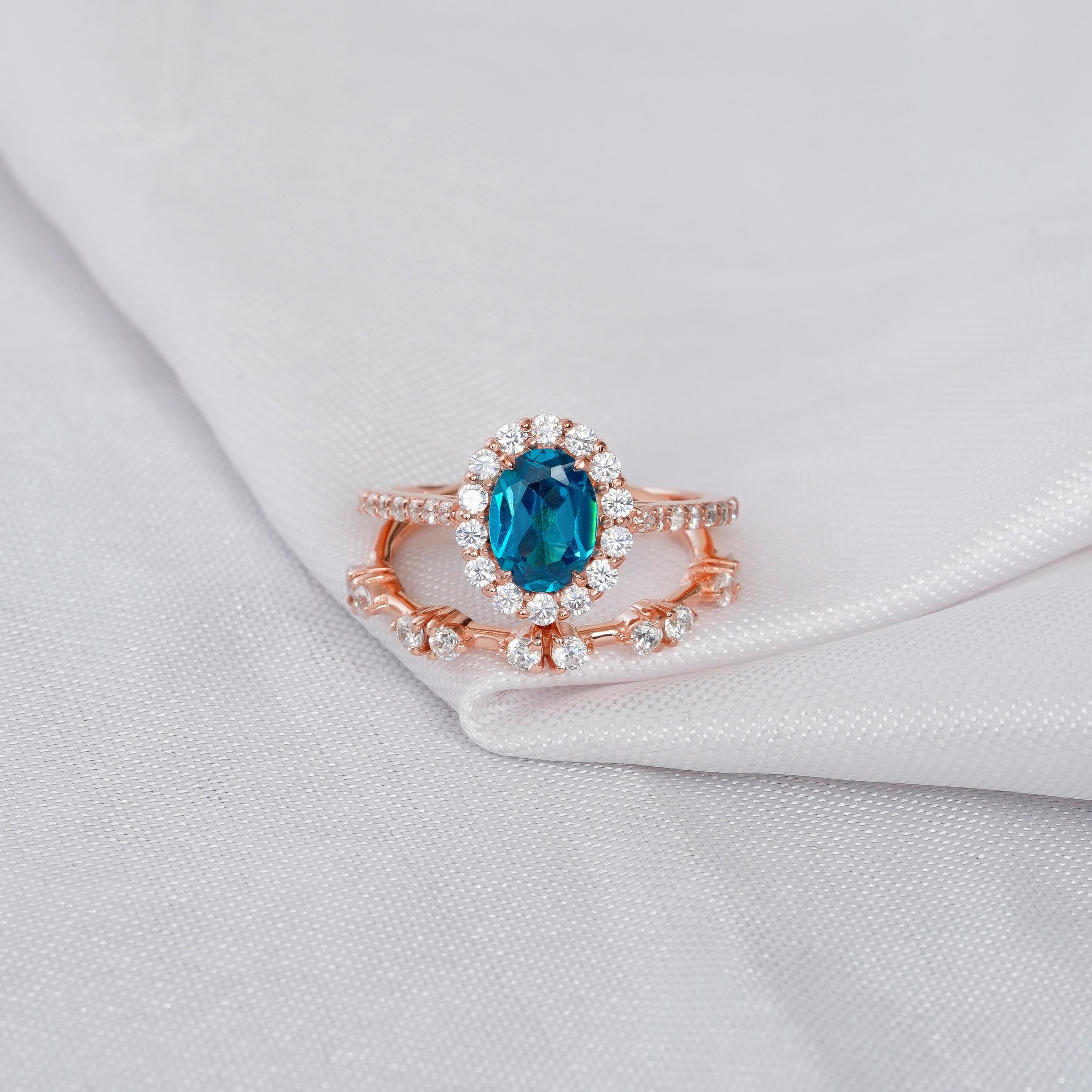 Blue Topaz Ring Set For Women 925 Sterling Silver Halo London Blue Topaz Engagement Bridal 1.5c Ring Matching Moissanite Dainty Wedding Band