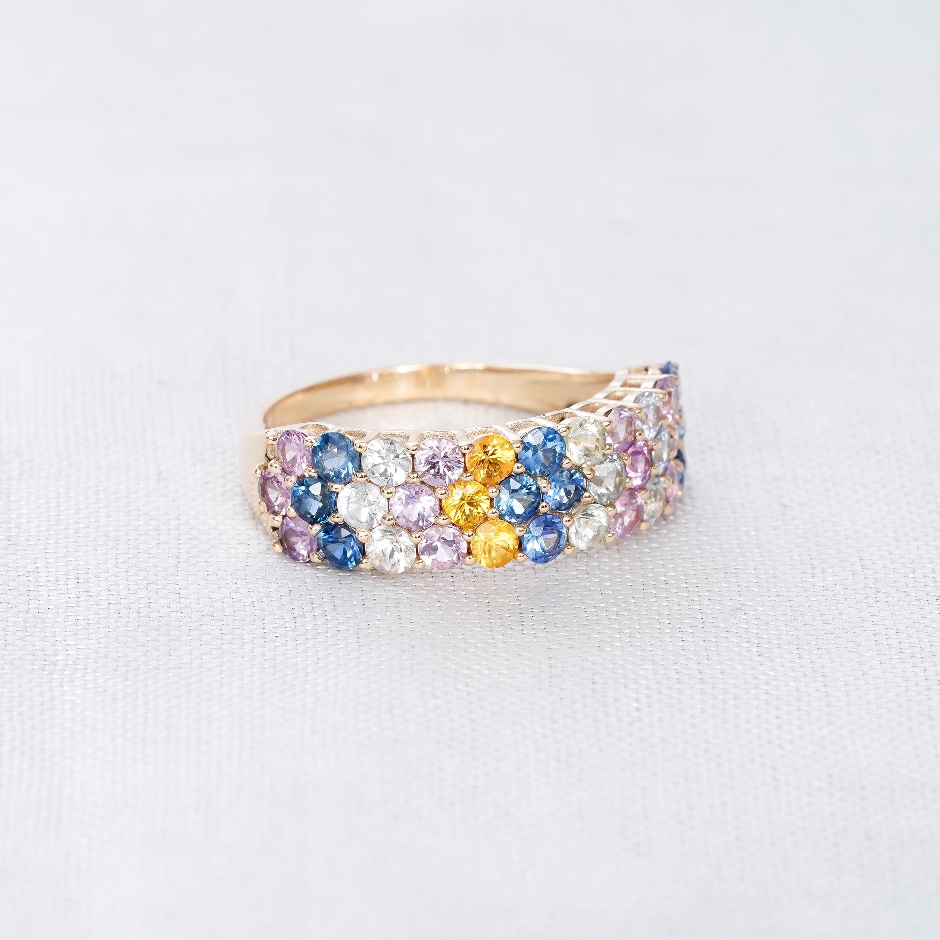 Multicolor Band For Women 925 Sterling Silver CZ Rainbow Stackable Delicate Half Eternity Bridal Matching Anniversary Gift Dainty Wide Band