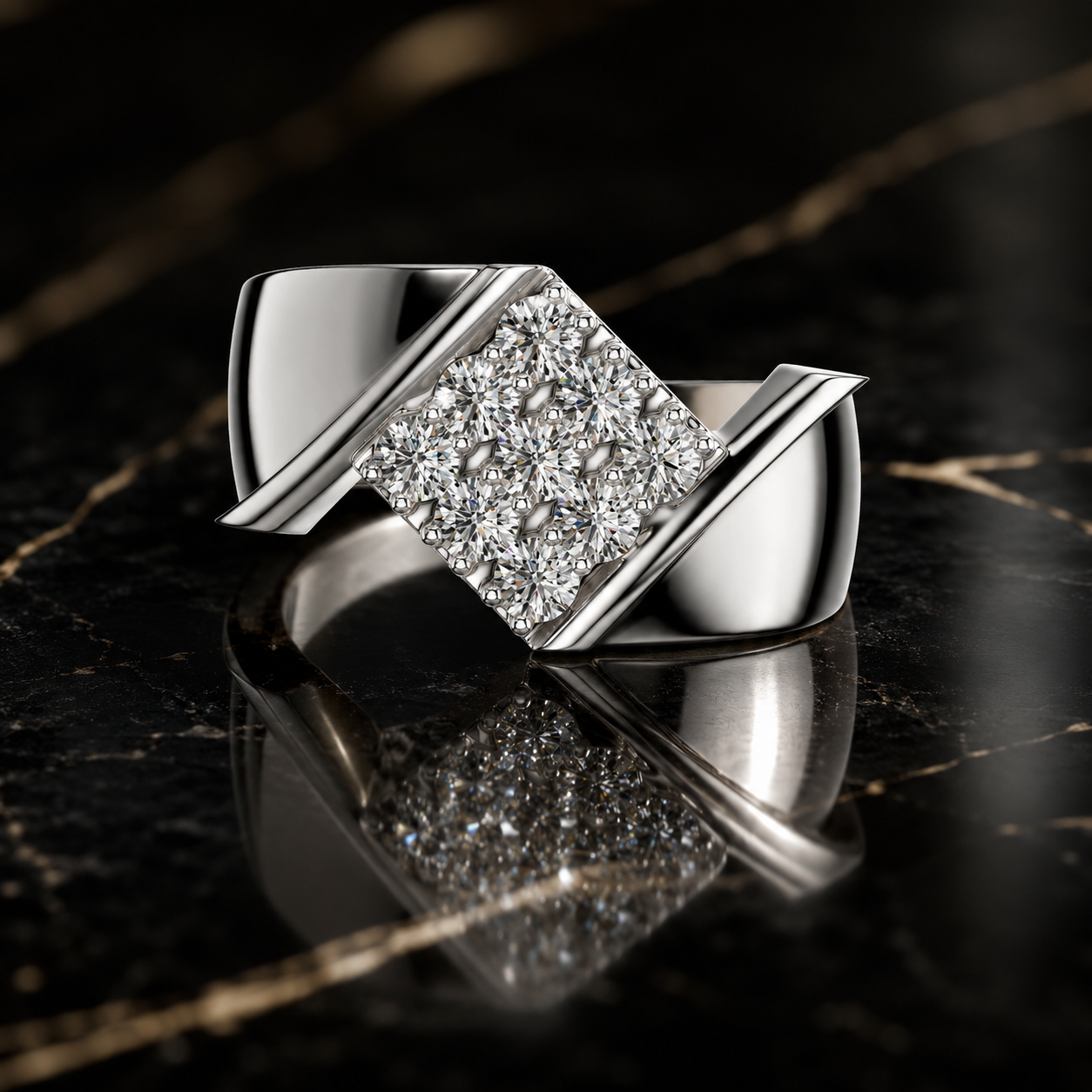 Men's Square Moissanite Ring, Rose Gold Plated Sterling Silver, Round Cut Cluster Ring