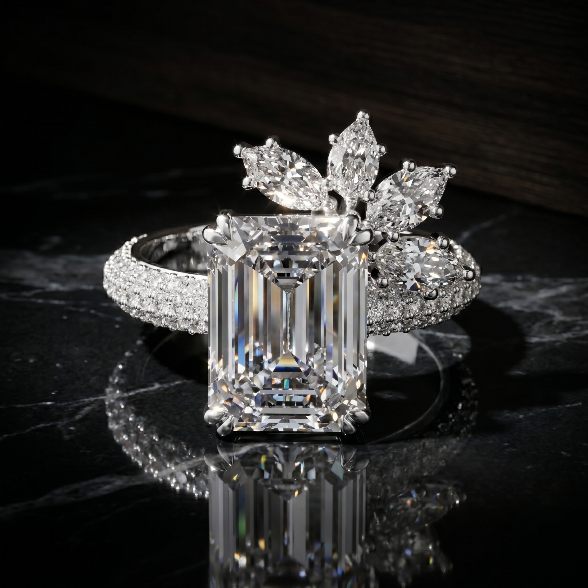 Emerald Cut Moissanite Ring in 925 Sterling Silver, Statement Marquise Cluster Unique Floral Crown Pave Band Wedding Ring Gifts for Her