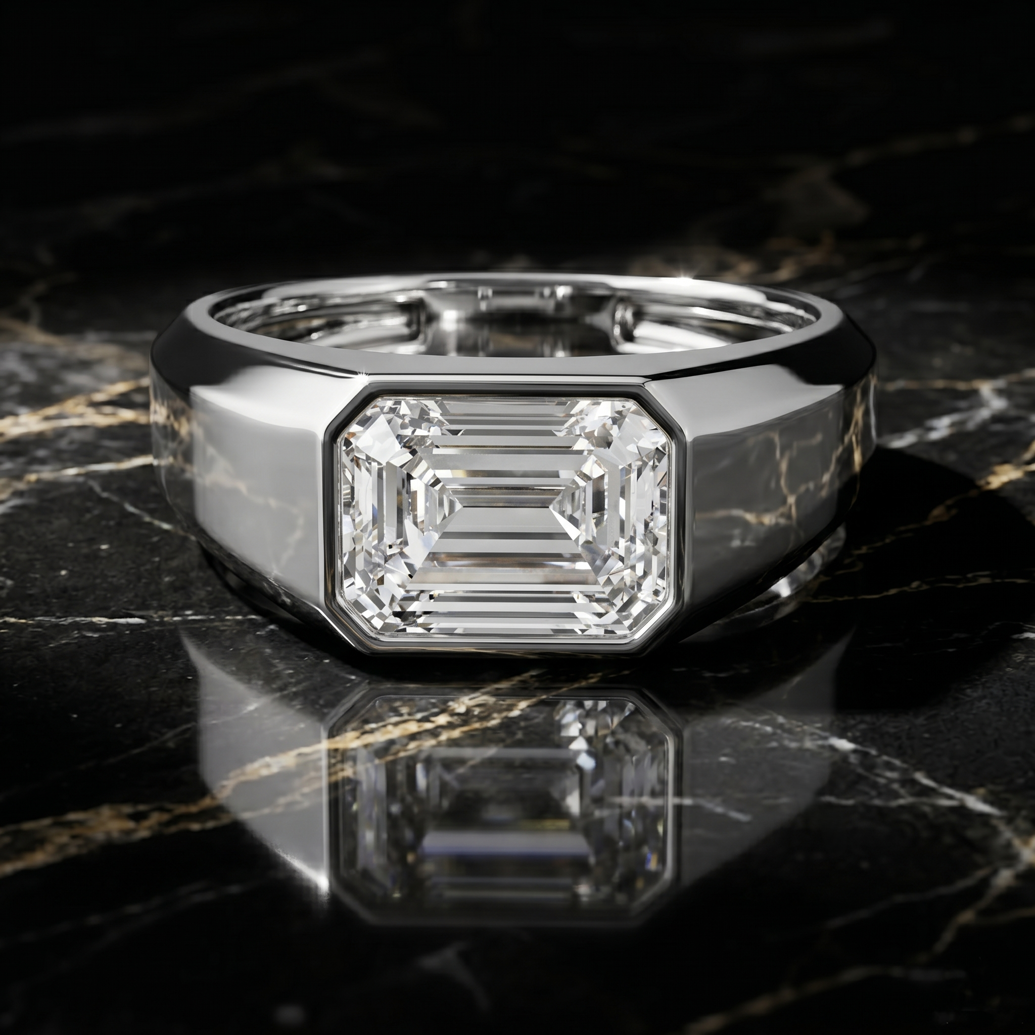 Emerald Cut Moissanite Men's Signet Ring, 925 Sterling Silver Rose Gold Statement Anniversary Gift