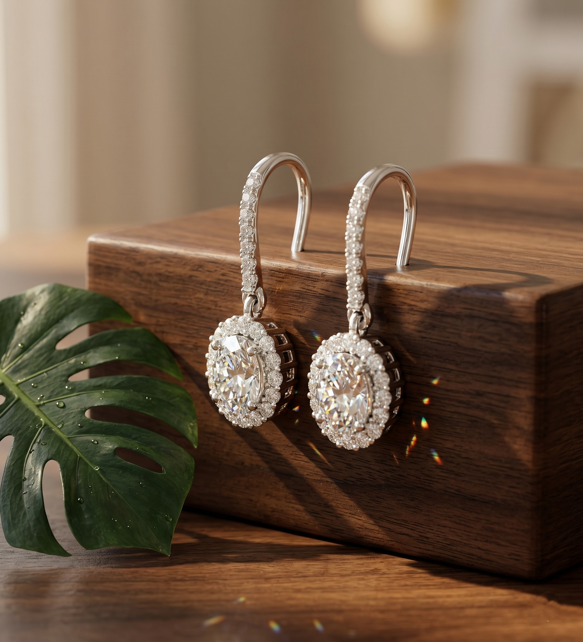 Oval Cut Moissanite Hanging Dangle Earrings, Rose Gold Vermeil, Sterling Silver Bridal halo Jewelry