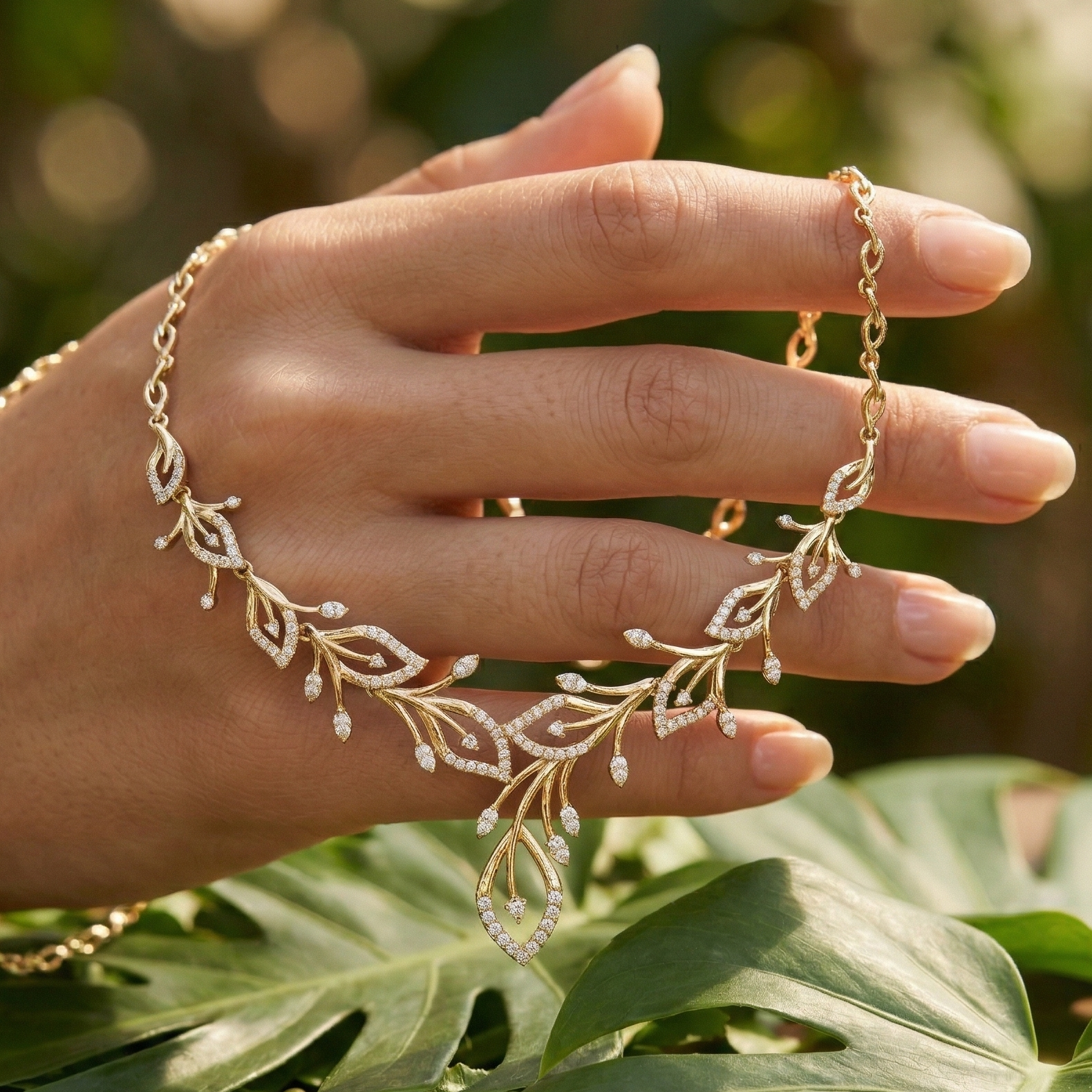 Moissanite Leaf Vine Necklace, Sterling Silver, Nature Inspired Bridal Jewelry