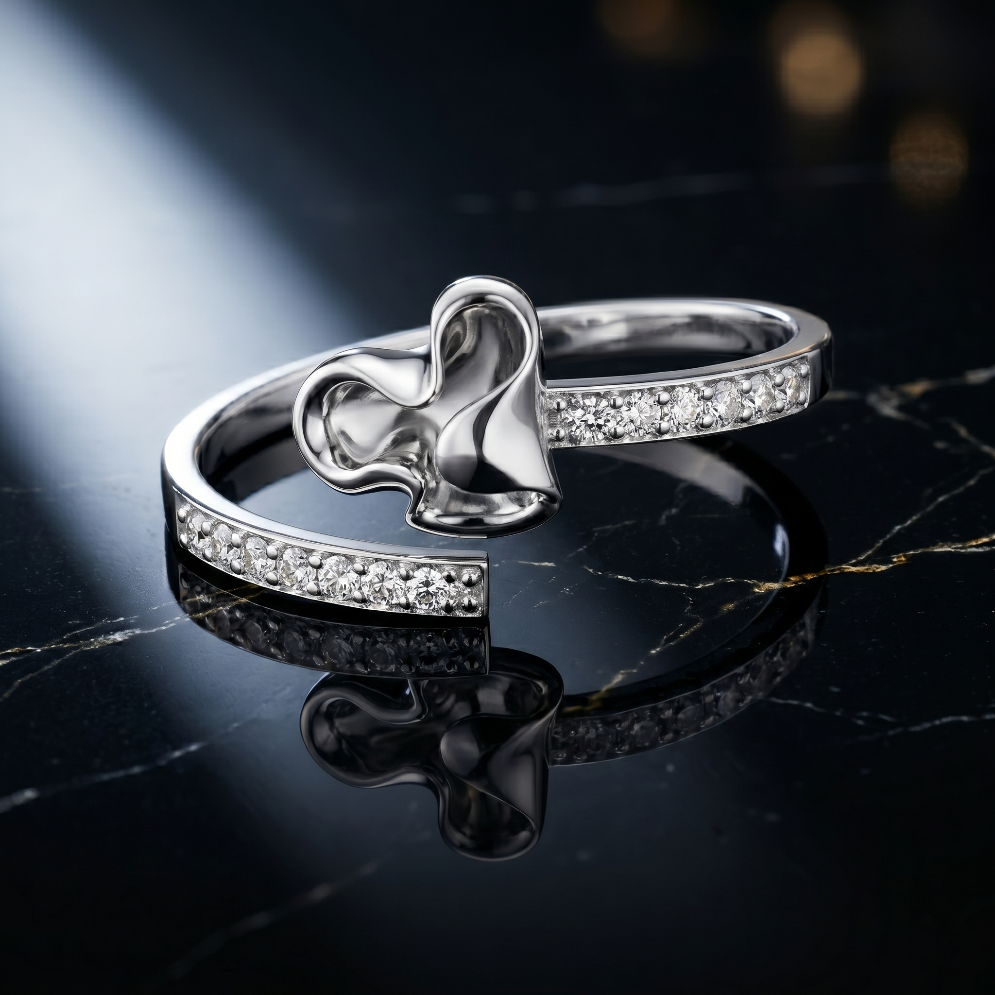 14K Solid Gold Moissanite Bypass Ring, Fluid Flower Organic Leaf Design