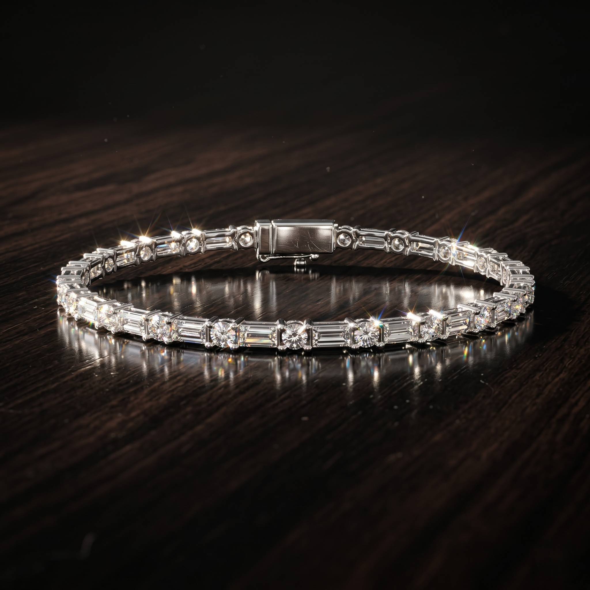 Baguette Round Moissanite Tennis Bracelet, 925 Sterling Silver Art Deco Dainty Wedding Jewelry