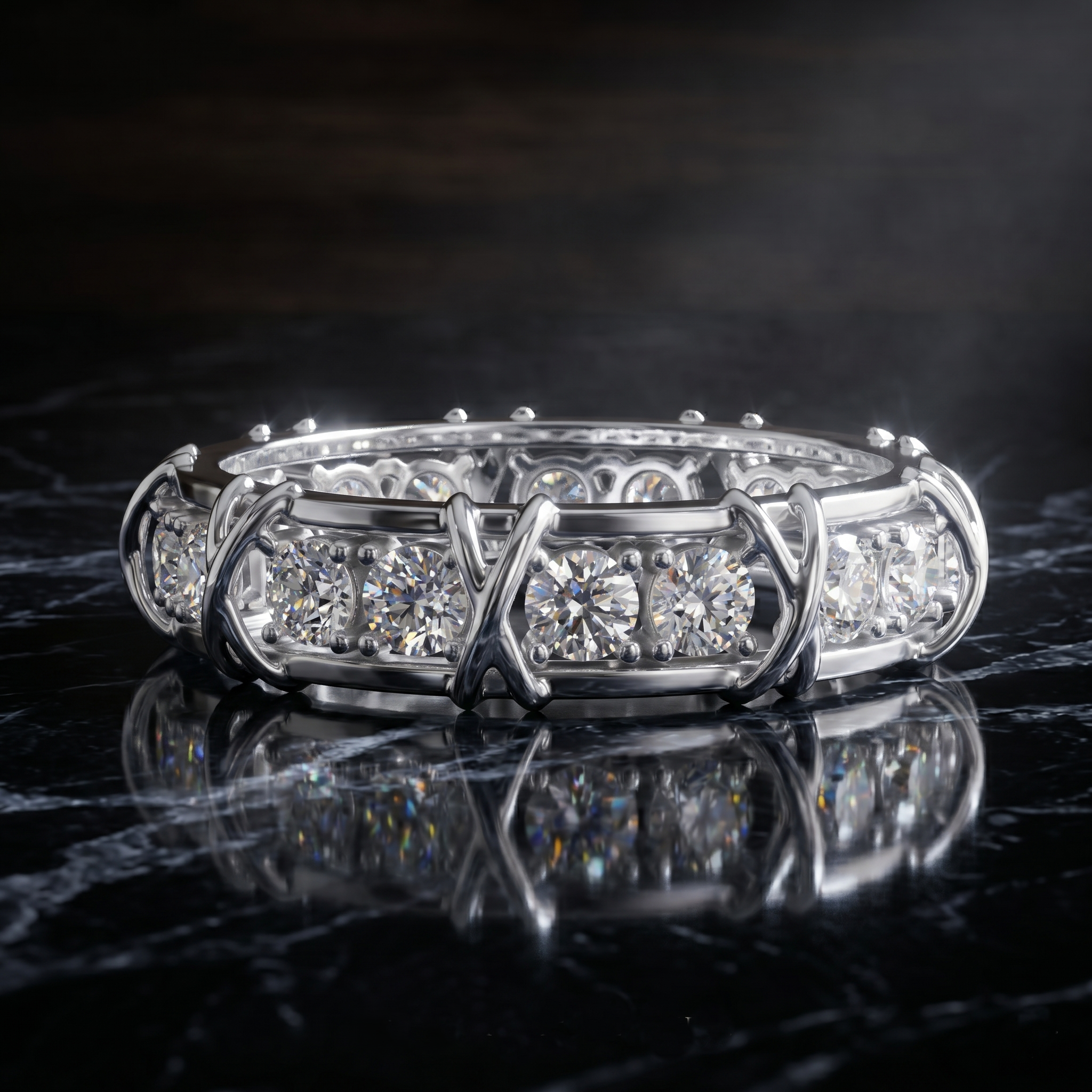 Sterling Silver Moissanite Cross Band Ring, Rose Gold Finish Eternity Wedding Band