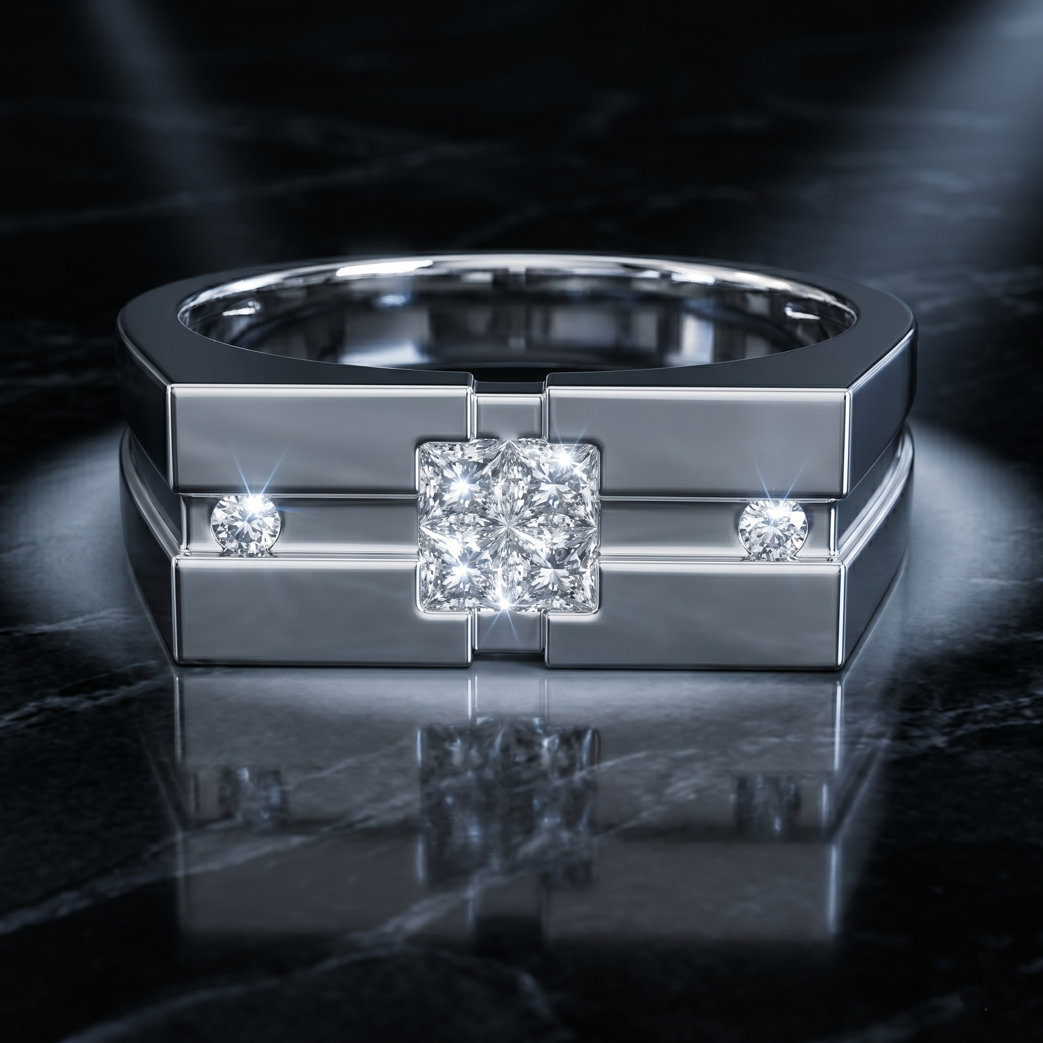Men's Princess Cut Moissanite Ring, 925 Sterling Silver, Minimalist Signet Wedding Band