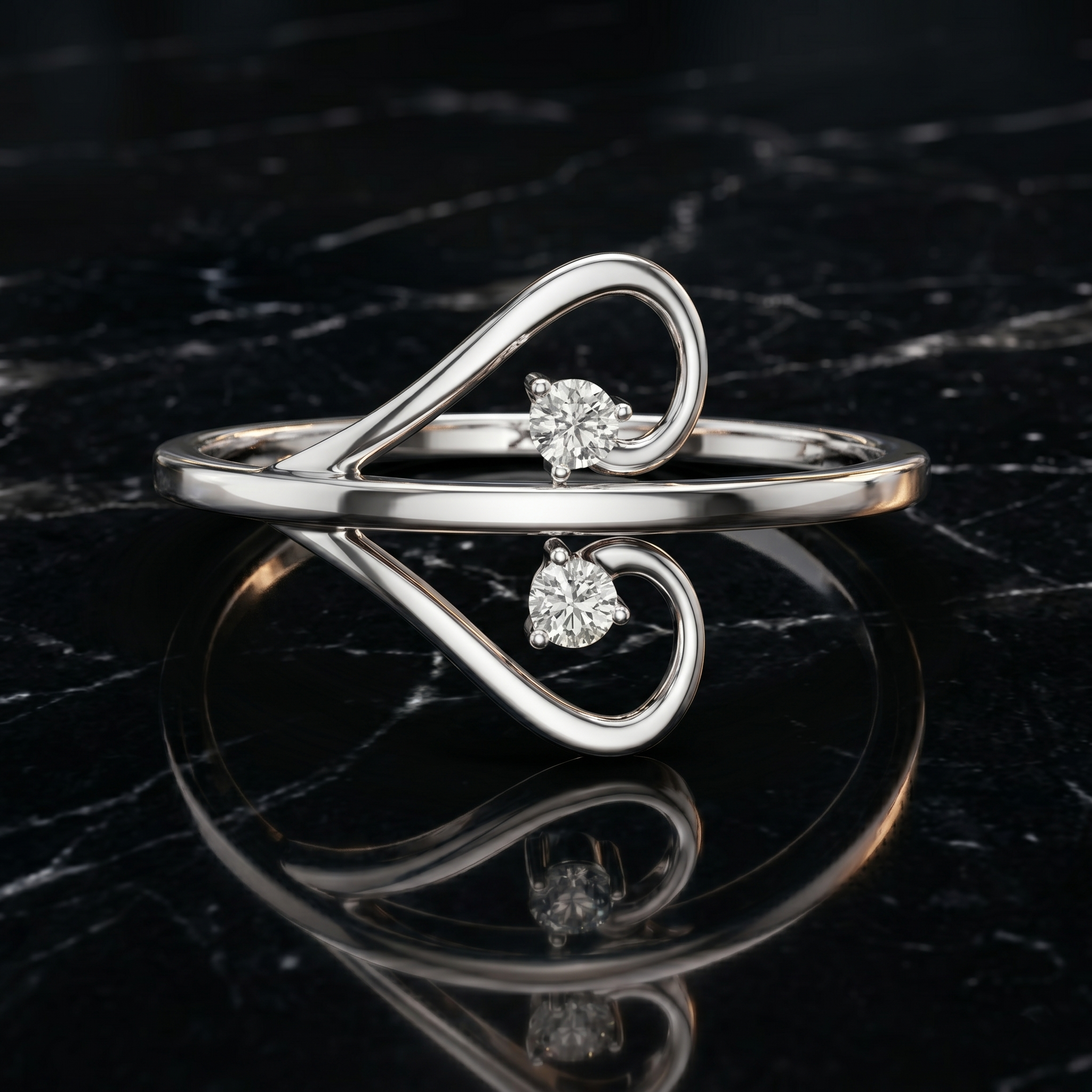 Open Heart Bypass Moissanite Ring, 14K Solid Gold, Minimalist Two Stone Promise Ring