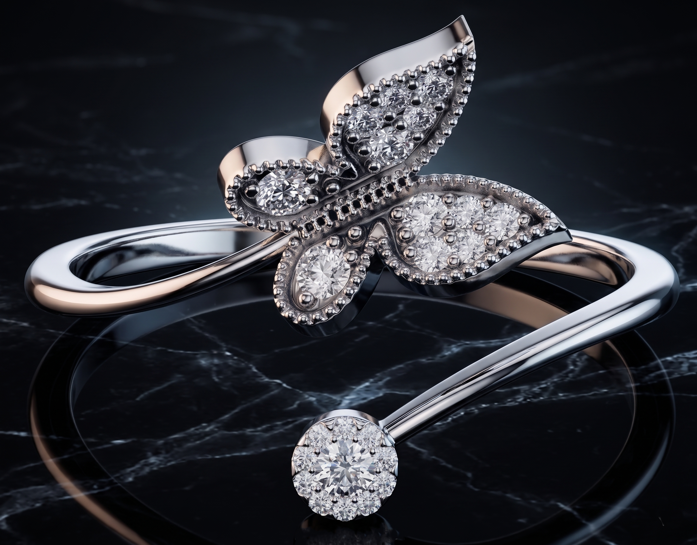 14K Solid Gold Butterfly Ring, Moissanite Open Wrap, Nature Inspired Milgrain Detail