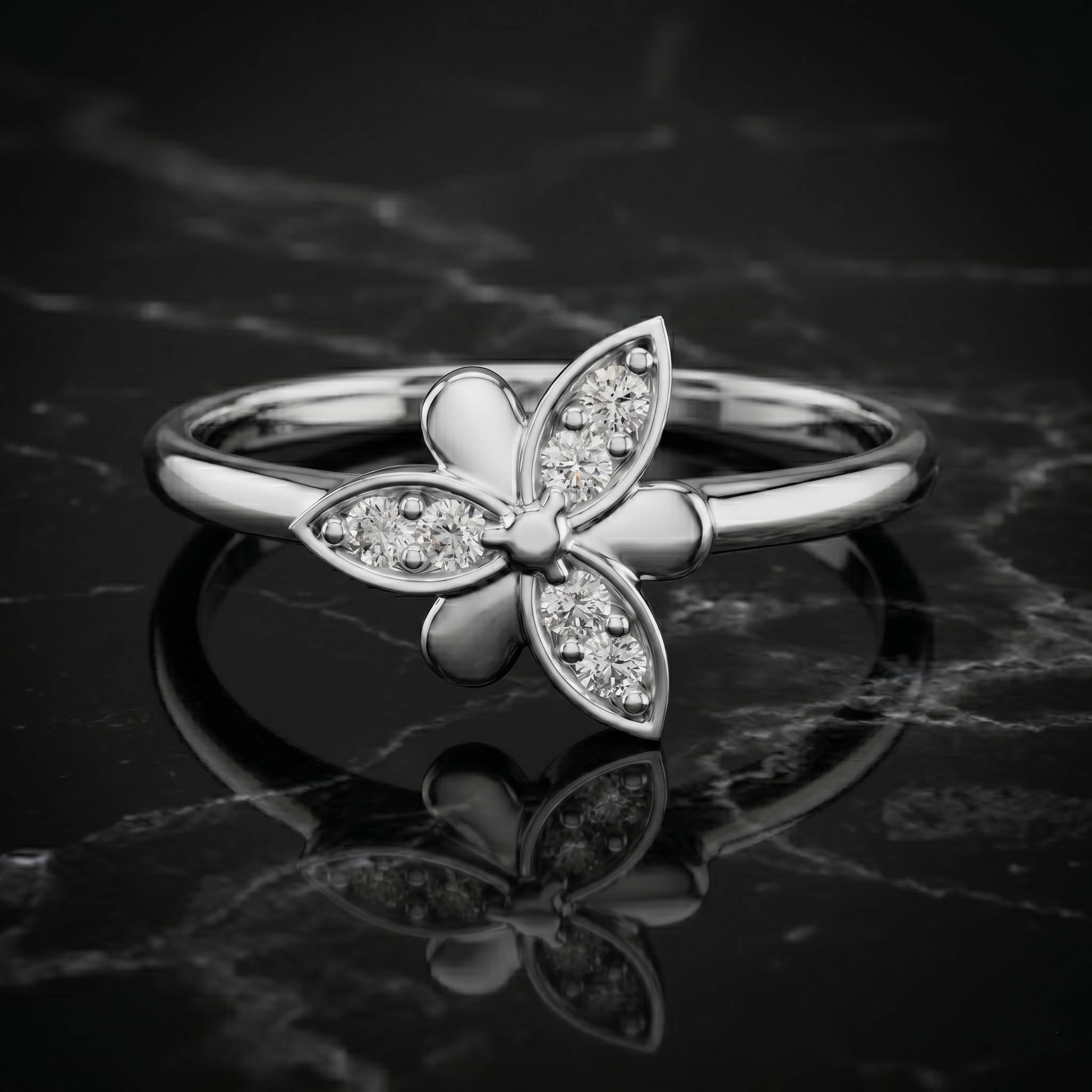 Delicate Butterfly Moissanite Ring, 14k Solid Gold Floral Cluster, Nature Inspired Flower Promise Ring