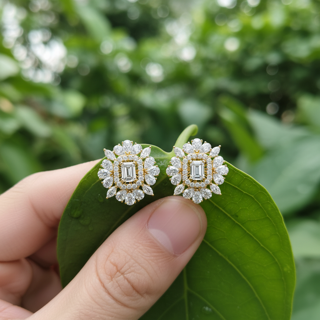 Emerald Cut Moissanite Flower Earrings, 925 Sterling Silver Halo Studs
