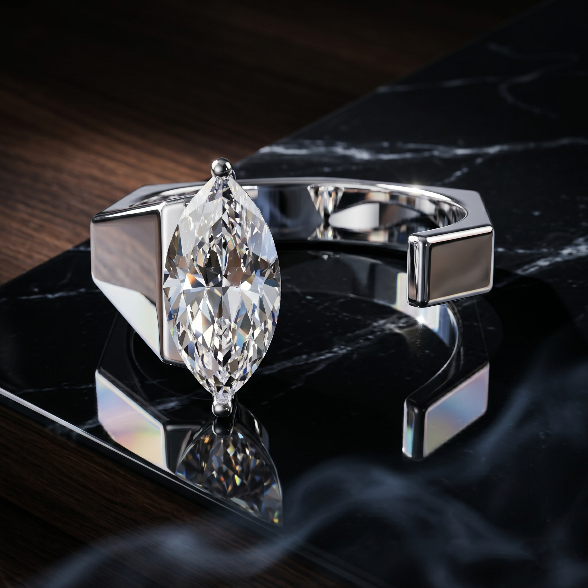 Men's Open Band Marquise Moissanite Ring, Rose Gold Sterling Silver, Modern Minimalist Groom Ring