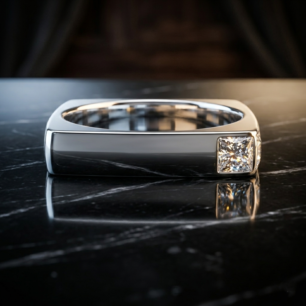 Men's Geometric Moissanite Ring, Princess Cut Sterling Silver Band, Modern Wedding Jewelry