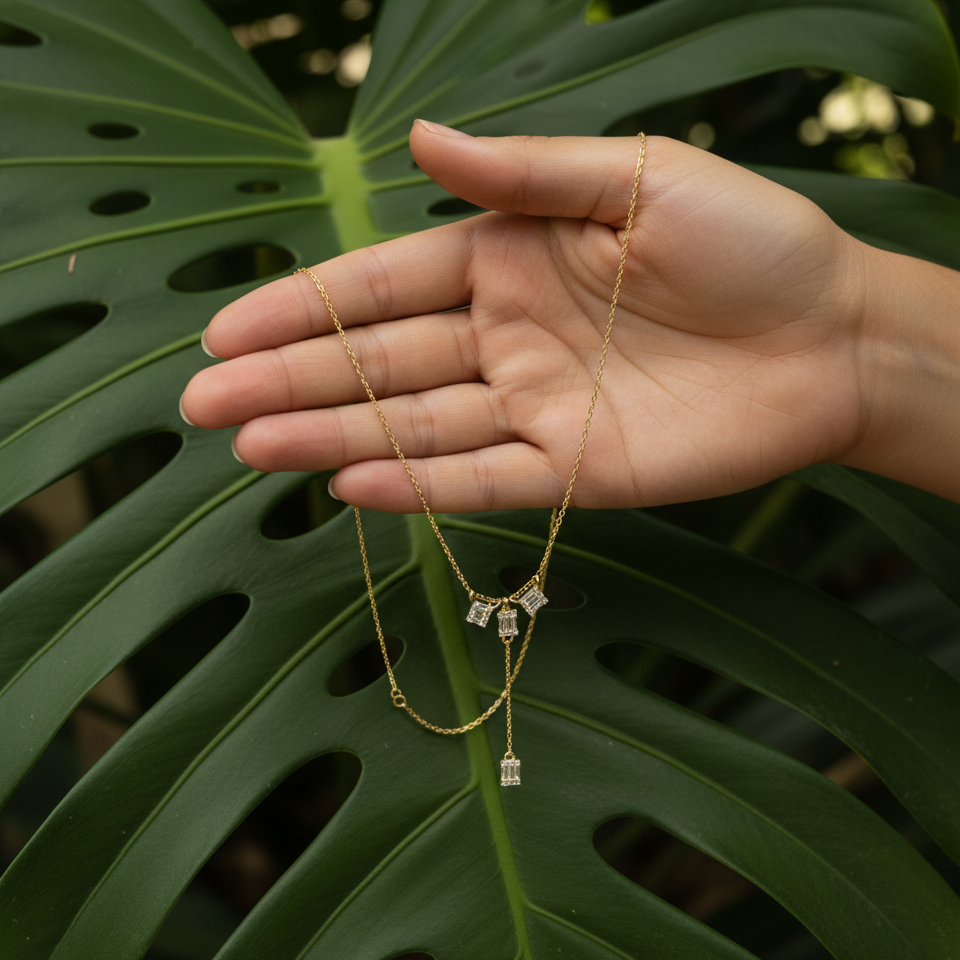 Baguette Moissanite Drop Necklace, Sterling Silver Y Pendant, Geometric Bridal Dainty Jewelry