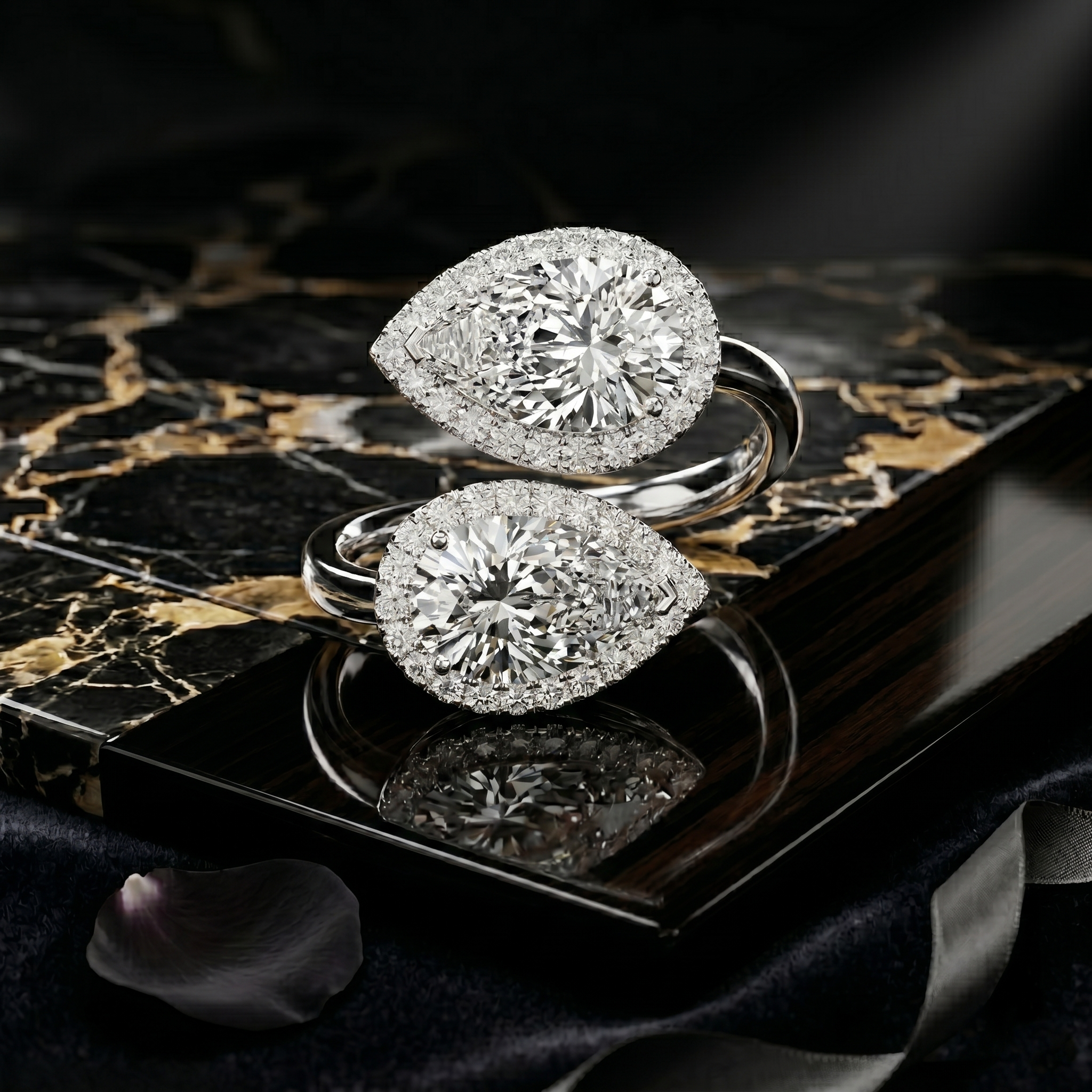 Double Pear Cut Wrap Moissanite Toi et Moi Ring, 925 Sterling Silver, Two Stone Halo Gift For Her, Unique Teardrop Promise Ring For Women