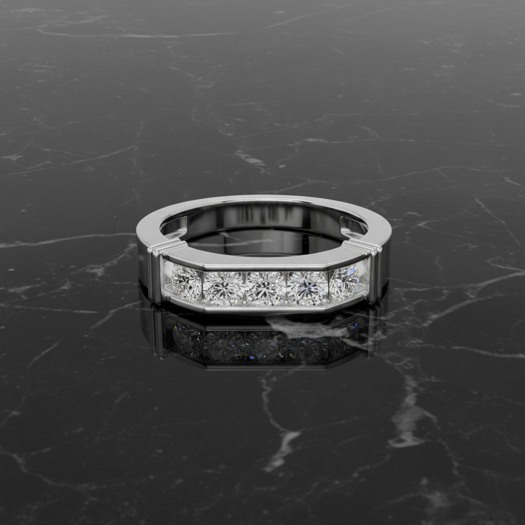 Men's Channel Set Moissanite Wedding Band, Sterling Silver Five Stone Ring