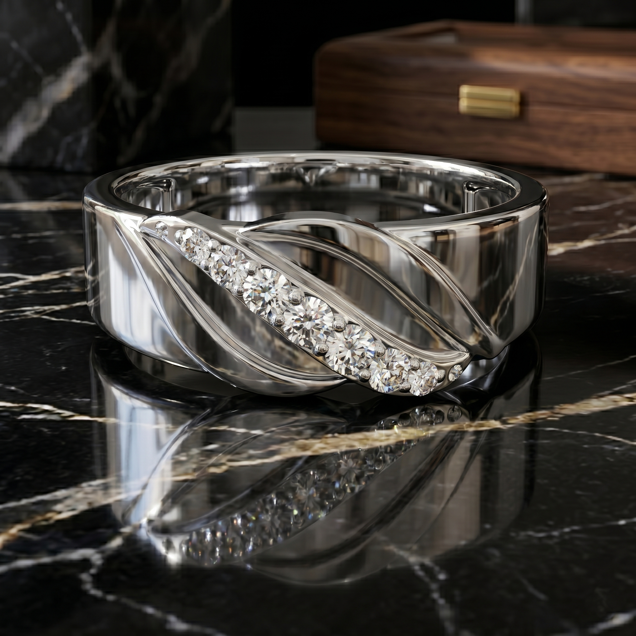 Men's Moissanite Ring, 925 Silver Leaf Band, Diagonal Inlay Wedding Jewelry