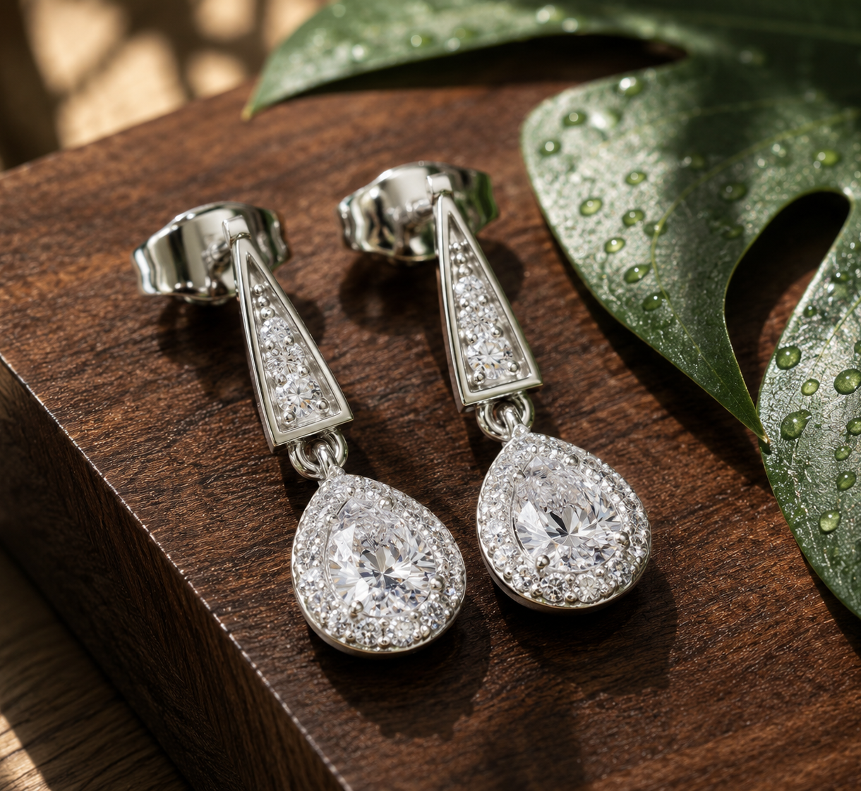 Tear Drop Moissanite Bridal Earrings, Art Deco Geometric Dangle Halo Wedding