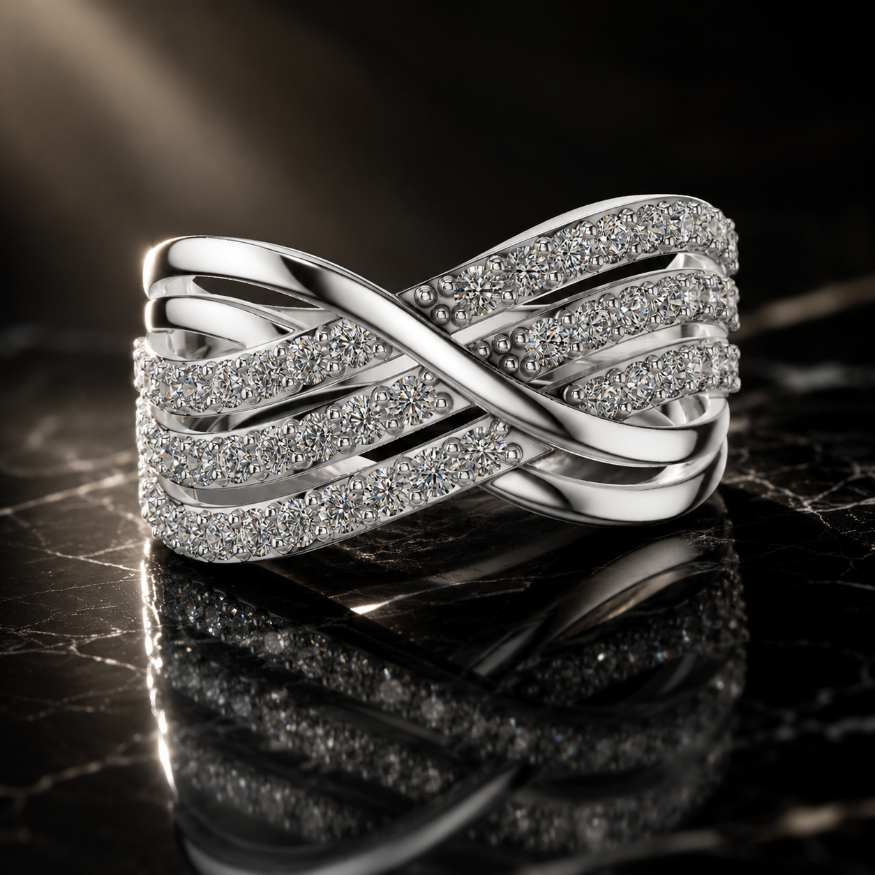 Multi Row Moissanite Criss Cross Ring, Sterling Silver Wide Band Statement Wedding Ring