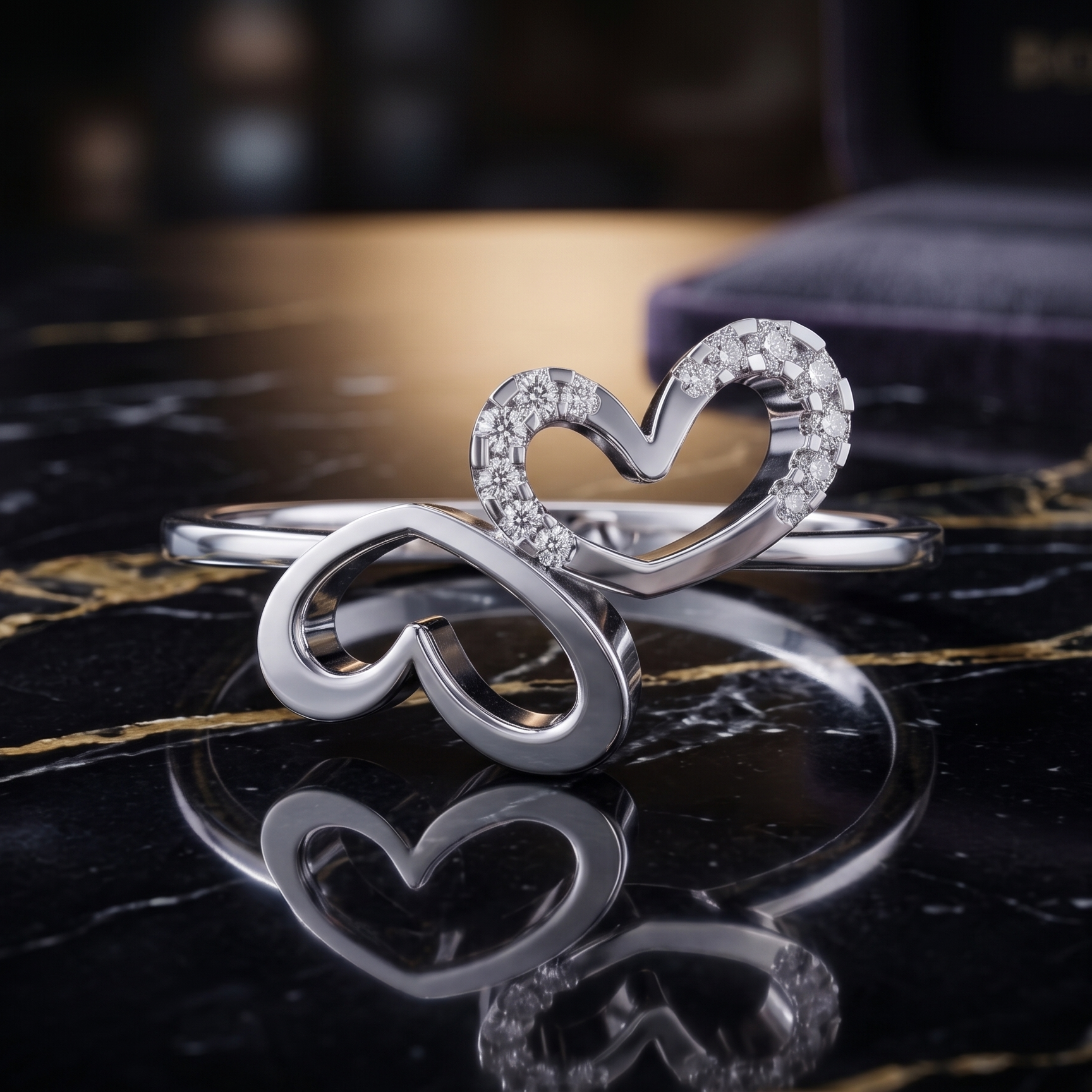 Interlocking Double Heart Moissanite Ring, 14K Solid Rose Gold, Dainty Wedding Promise Ring