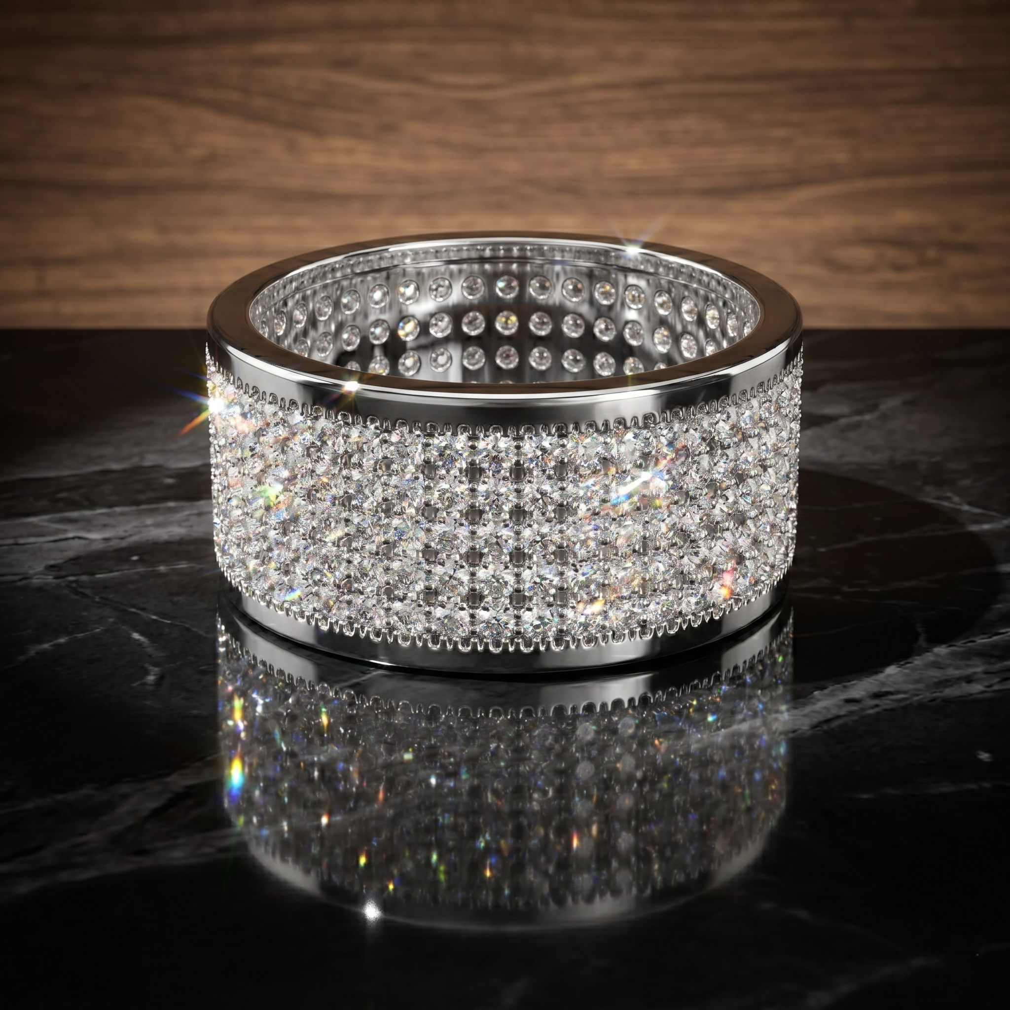 Five Row Pave Moissanite Men’s Wedding Ring, Sterling Silver Statement Ring