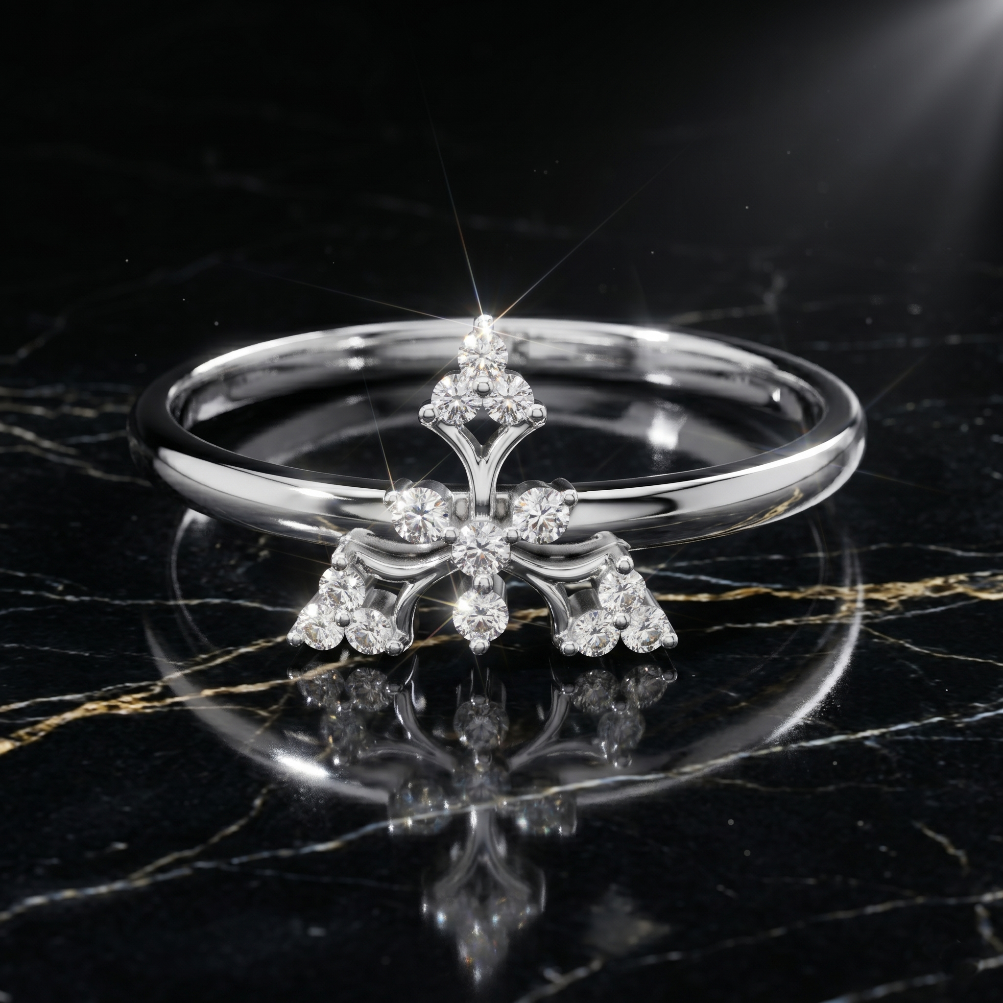 Dainty Snowflake Crown Moissanite Ring, 14K Solid Gold, Vintage Floral Nature Stacking Band