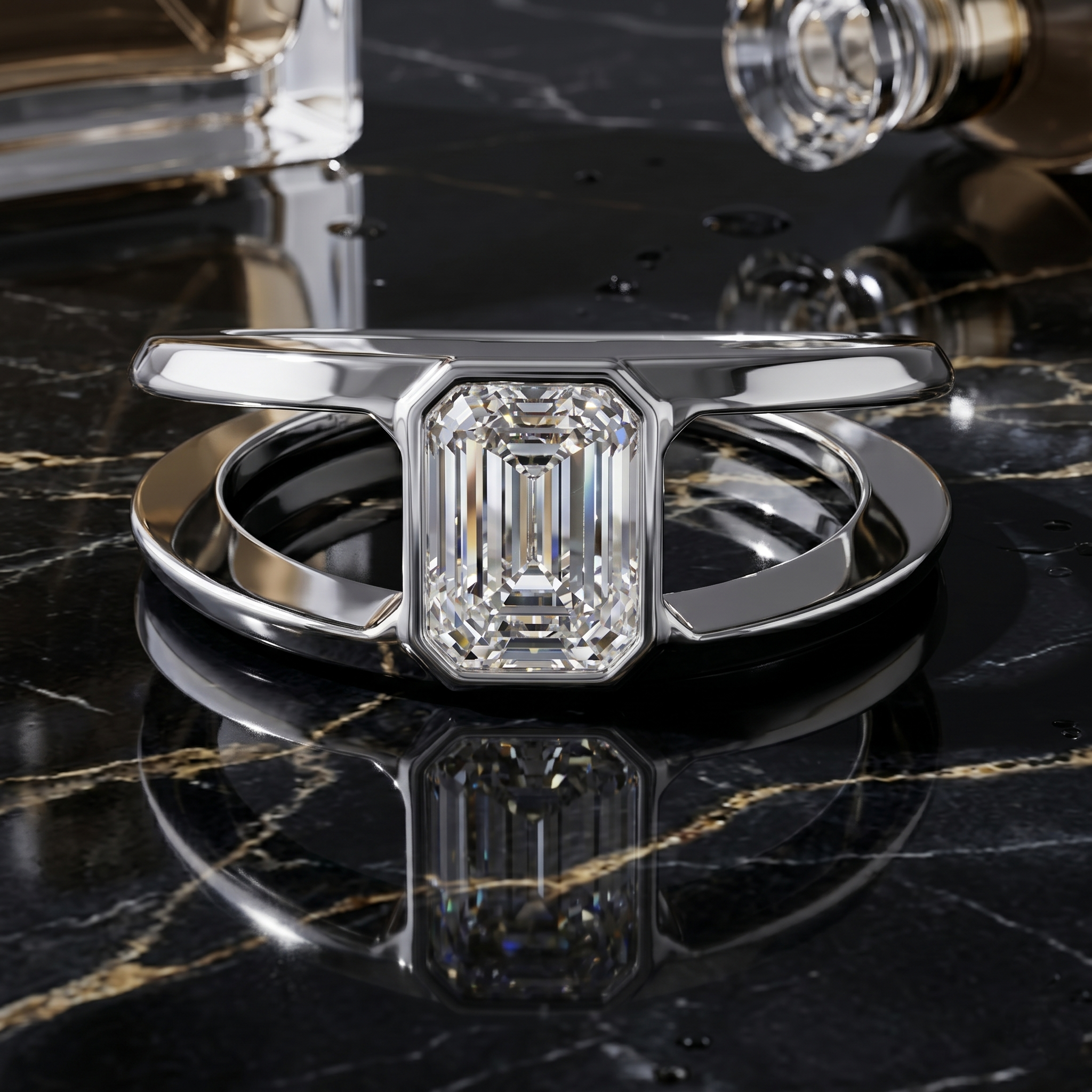 Emerald Cut Moissanite Men's Ring, Split Shank 925 Sterling Silver, Bezel Set Wedding Band