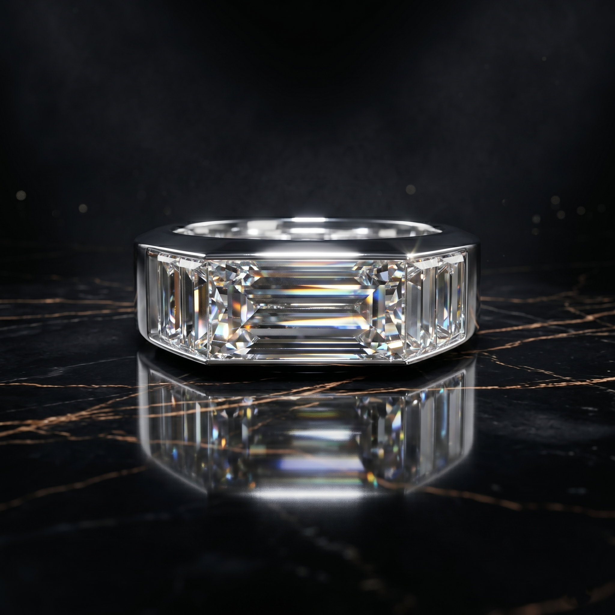 Emerald Cut Moissanite Men's Ring, Sterling Silver Baguette Wedding Band, Minimalist Signet Anniversary Gift