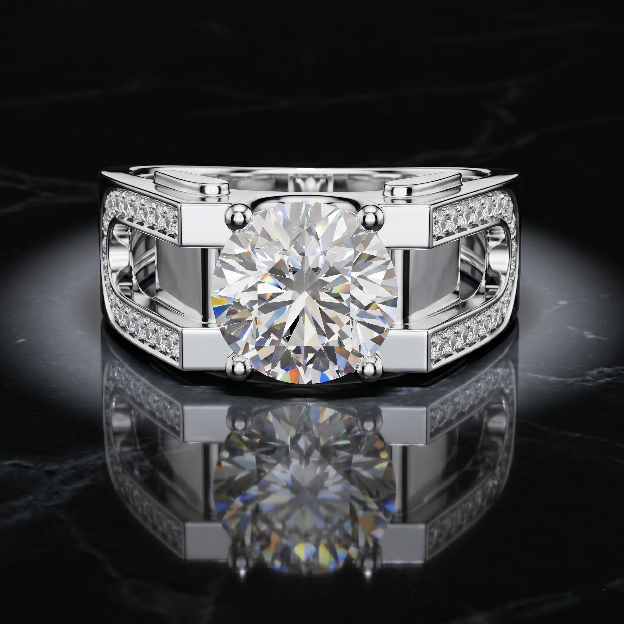 Men's Round Cut Moissanite Statement Ring, Sterling Silver Anniversary Band