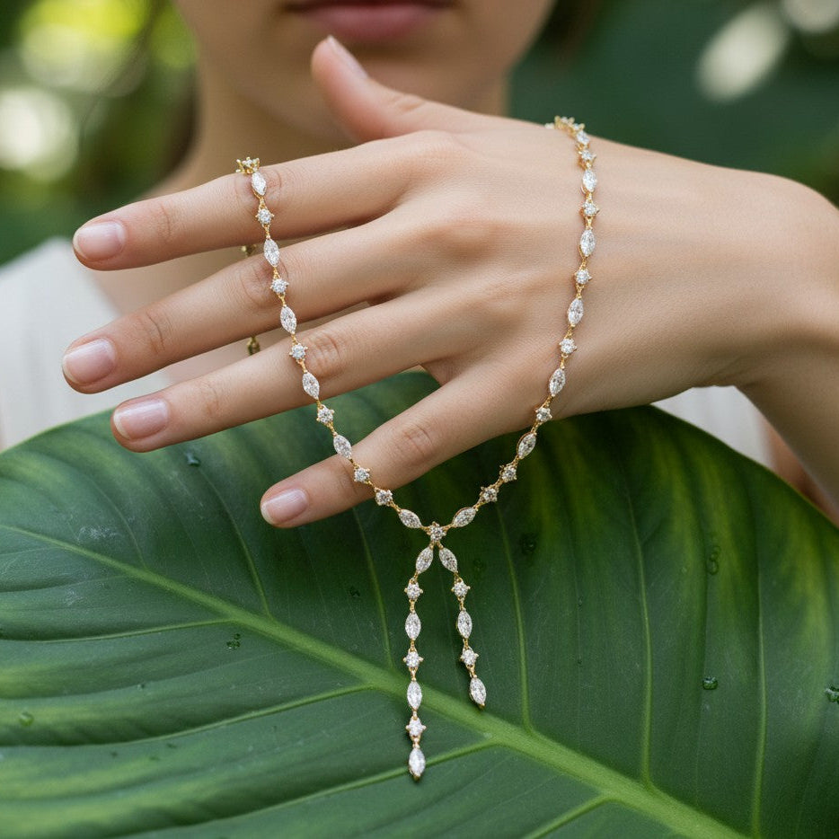 Marquise Moissanite Lariat Necklace, Sterling Silver Bridal Drop Choker