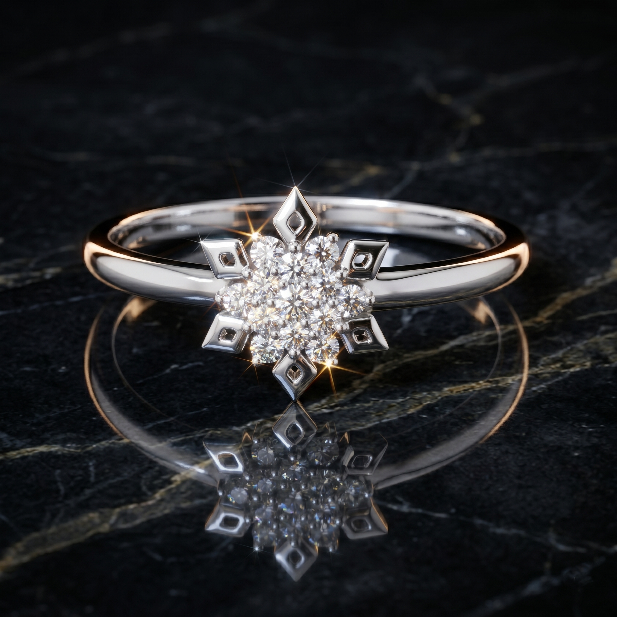Vintage Moissanite Snowflake Ring, 14k Rose Gold Floral Starburst Engagement Wedding Band