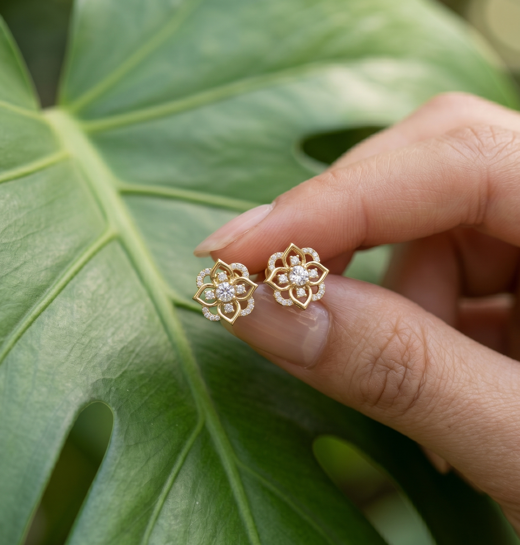 Lotus Flower Moissanite Stud Earrings, 925 Sterling Silver Floral Art Deco studs