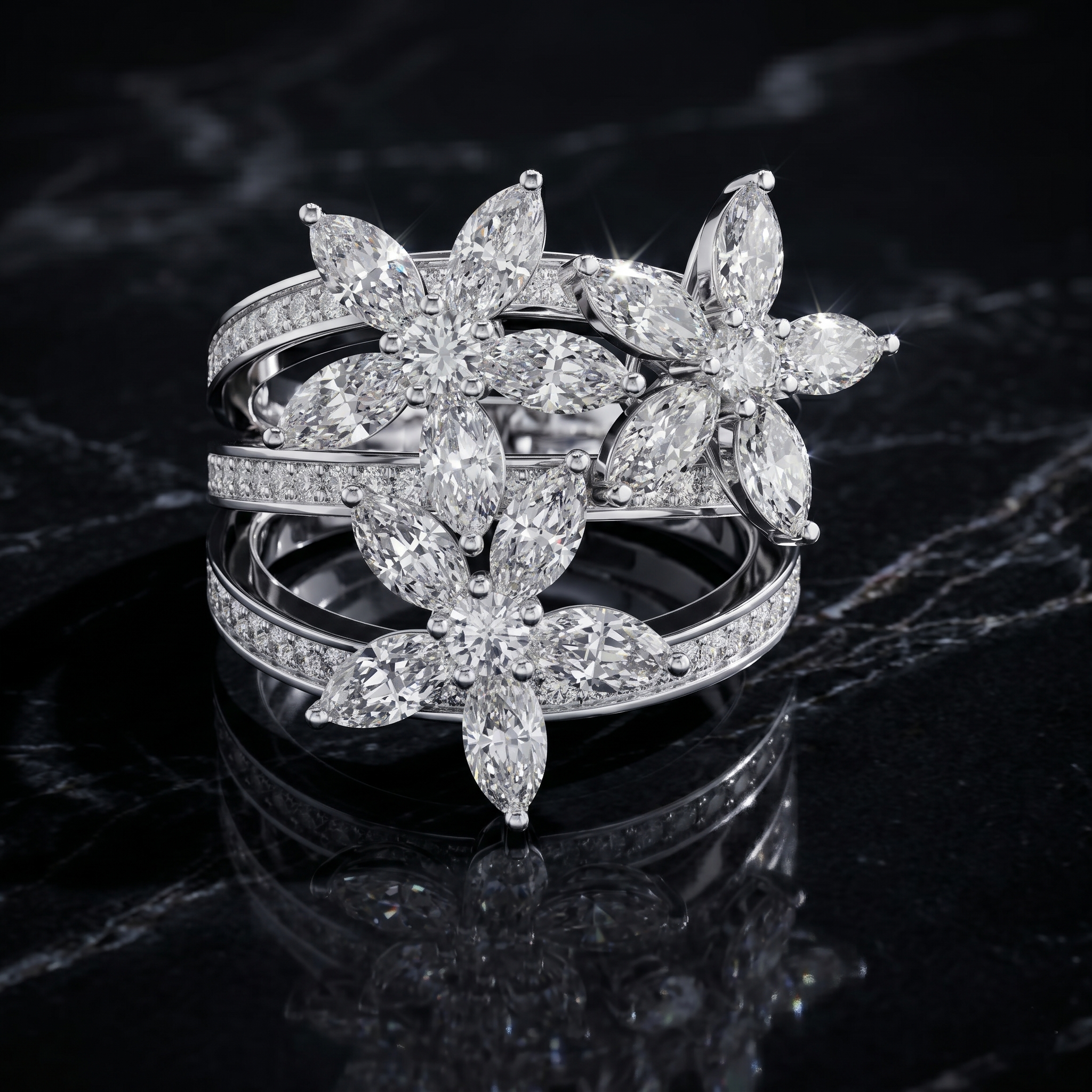 Marquise Moissanite Floral Cluster Ring, Sterling Silver Vermeil Statement Band, Multi Layer Flower Ring
