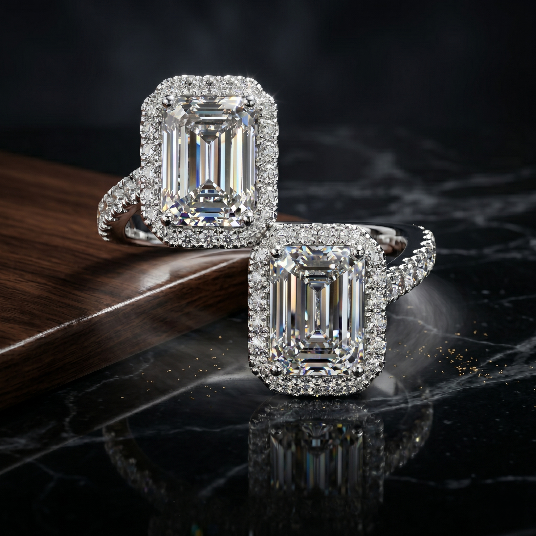 Toi et Moi Moissanite Ring, Emerald Cut Two Stone Open Bypass, Sterling Silver Engagement