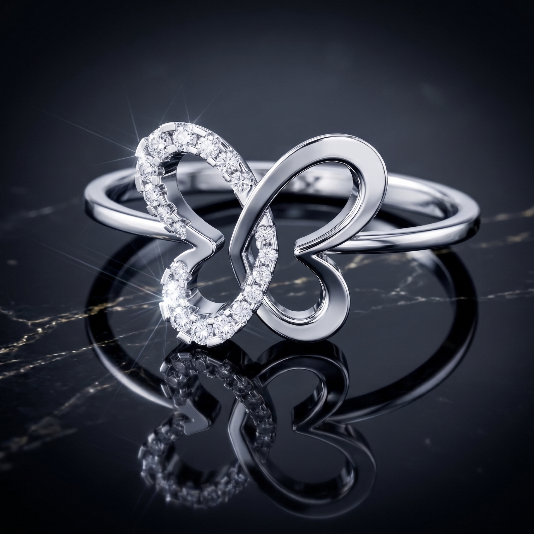 Solid 14k Rose Gold Butterfly Ring, Genuine Moissanite Statement Jewelry