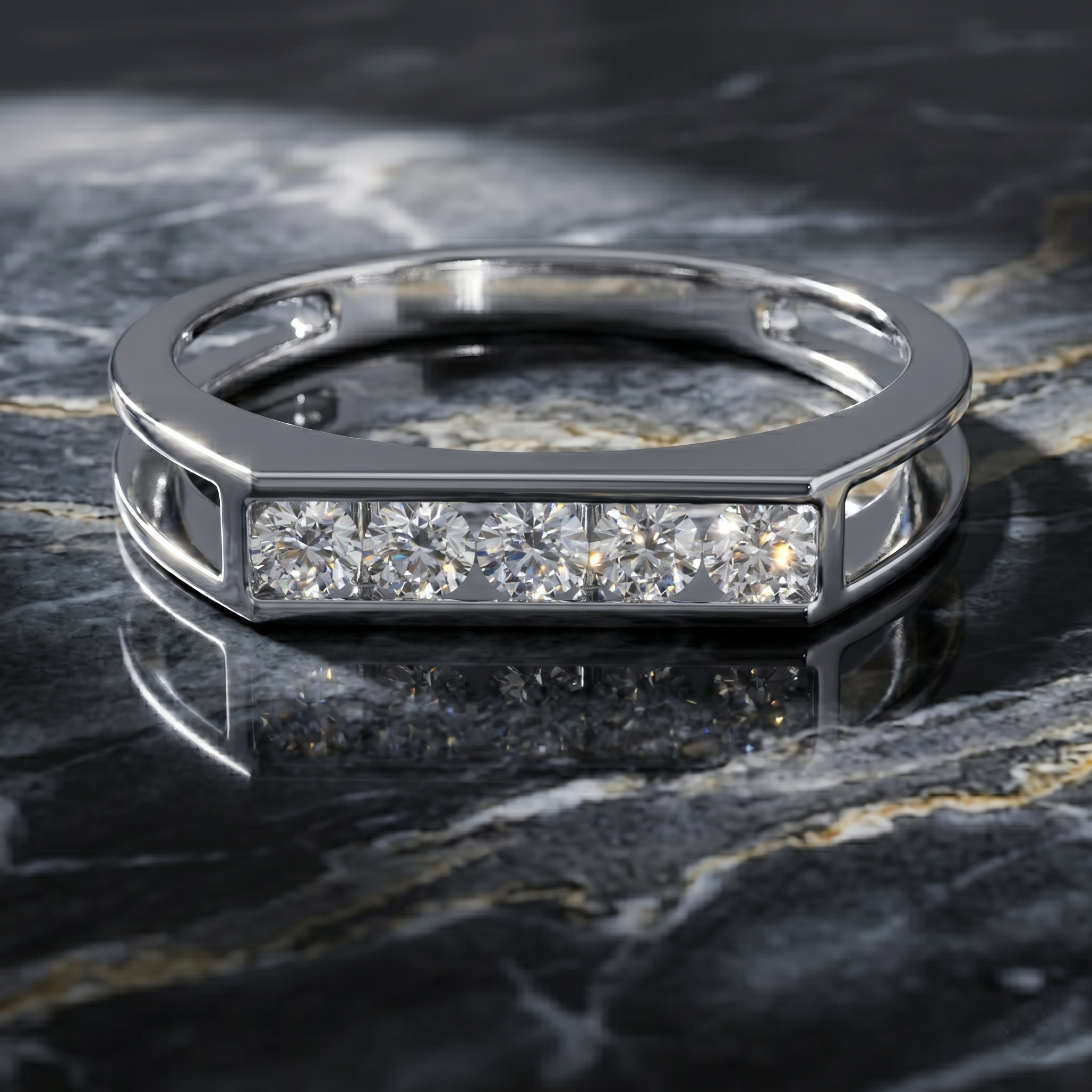 Men's Moissanite Wedding Band, Sterling Silver Five Stone Ring, Rose Gold Finish