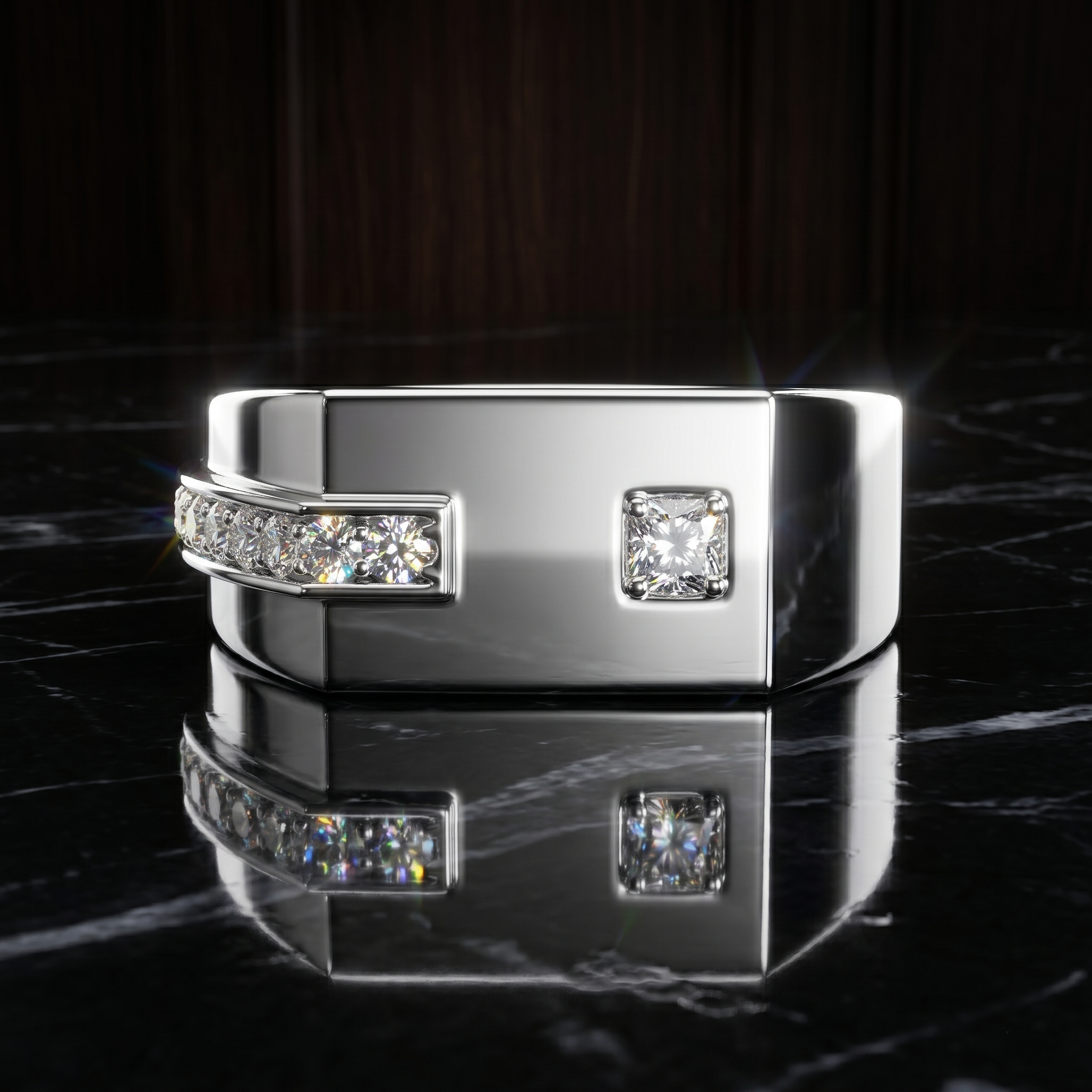 Men's Moissanite Geometric Ring, 925 Sterling Silver Vermeil Band, Flush Set Wedding Gift