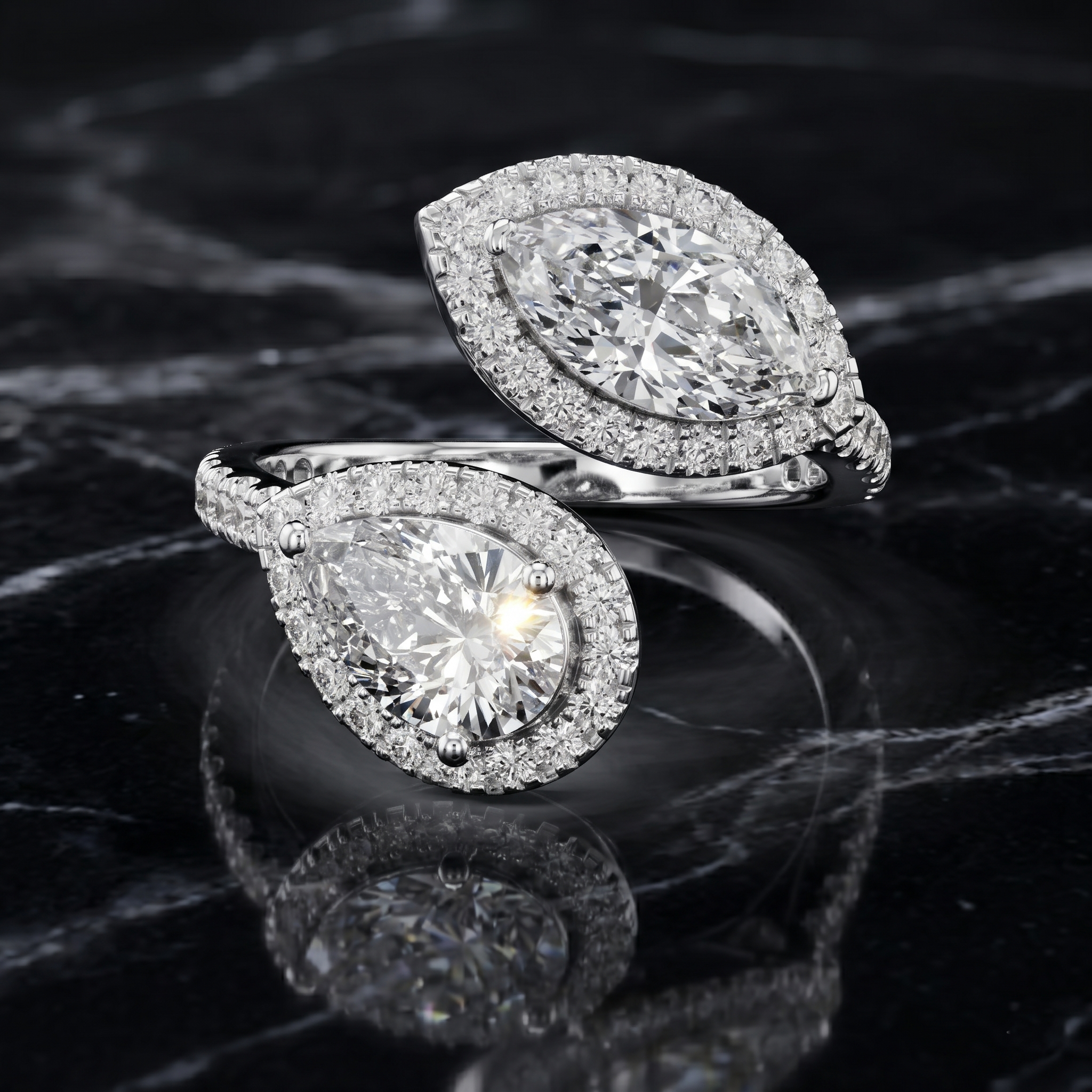 Toi et Moi Pear Marquise Moissanite Ring, Open Bypass Sterling Silver Double Halo Bridal