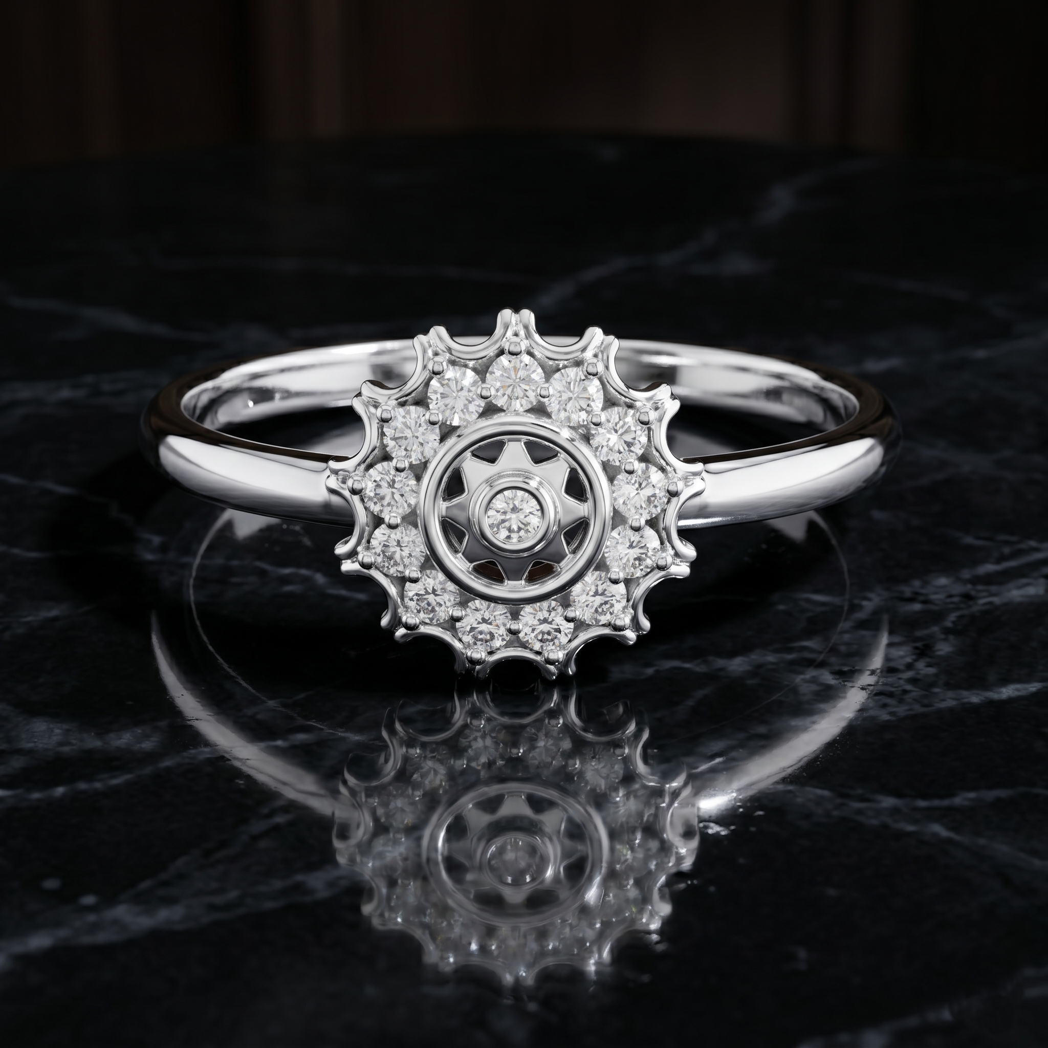 14K Solid Gold Moissanite Sunburst Ring, Vintage Celestial Gear Scalloped Halo Flower