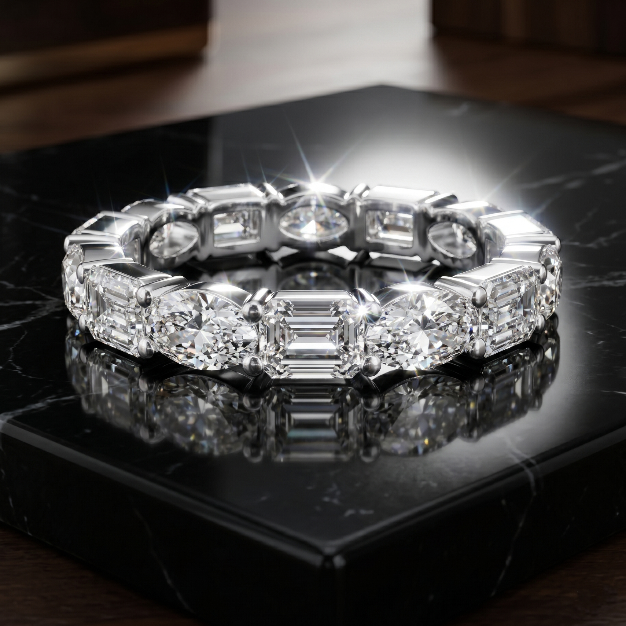Multi-Shape Moissanite Eternity Band in 925 Sterling Silver, Alternating Emerald Oval Cut Wedding Stacking Unique Promise Ring Gift for Her